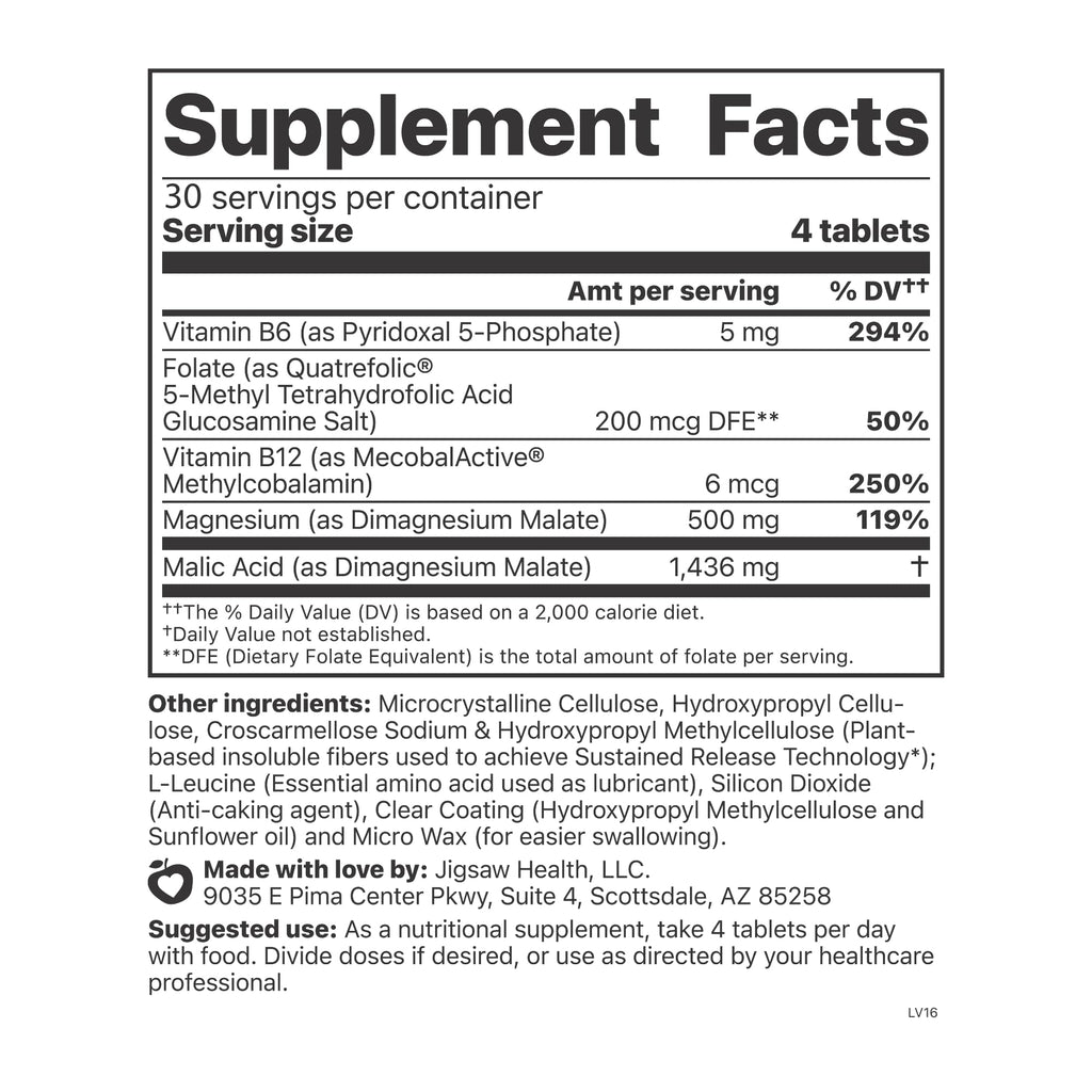 Jigsaw Health MagSRT Magnesium Supplement – Vitamin B6, Folate & B12 | 120 Tablets | 30 Servings