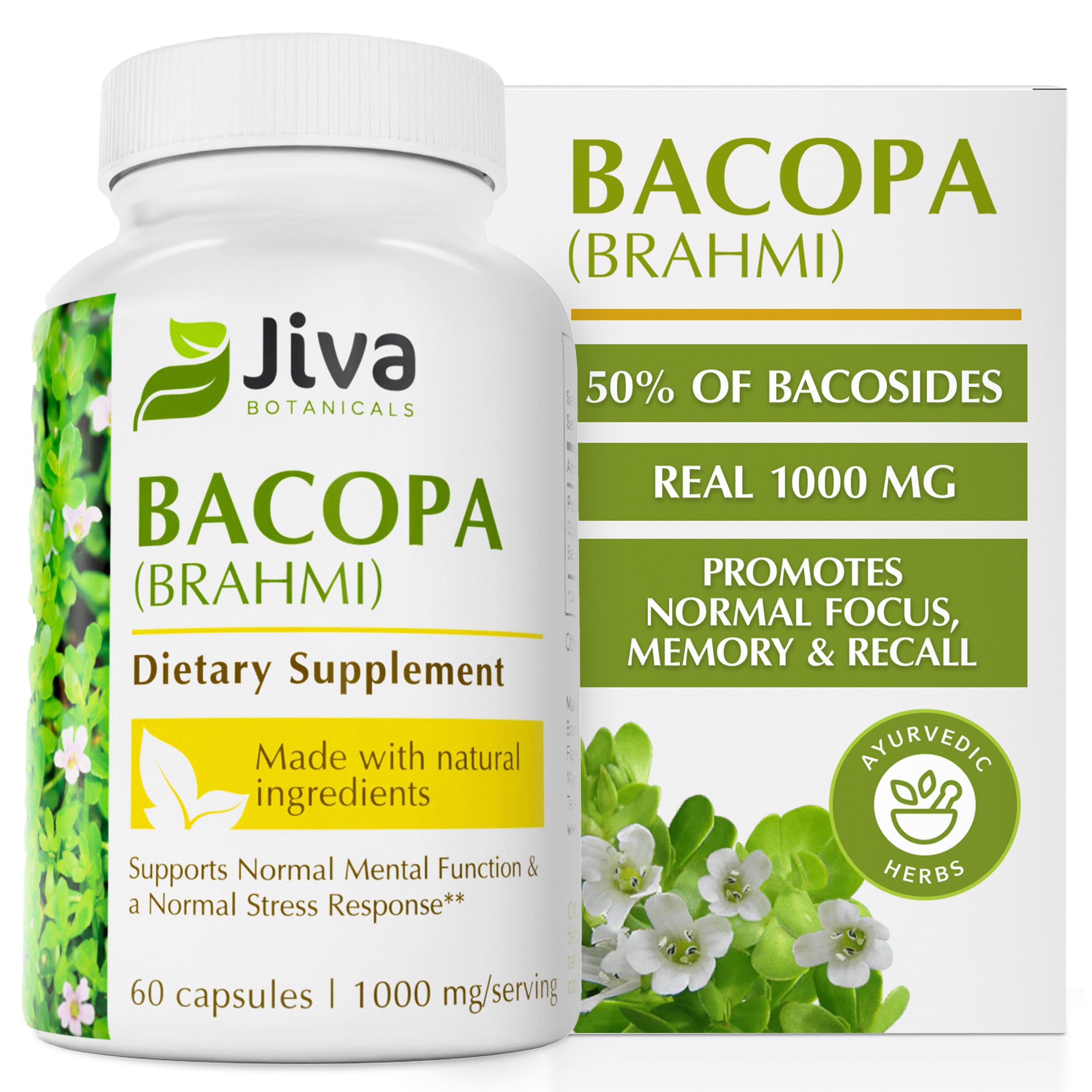 Jiva Botanicals Bacopa Monnieri 1000mg – Focus & Memory Support (60 Capsules)