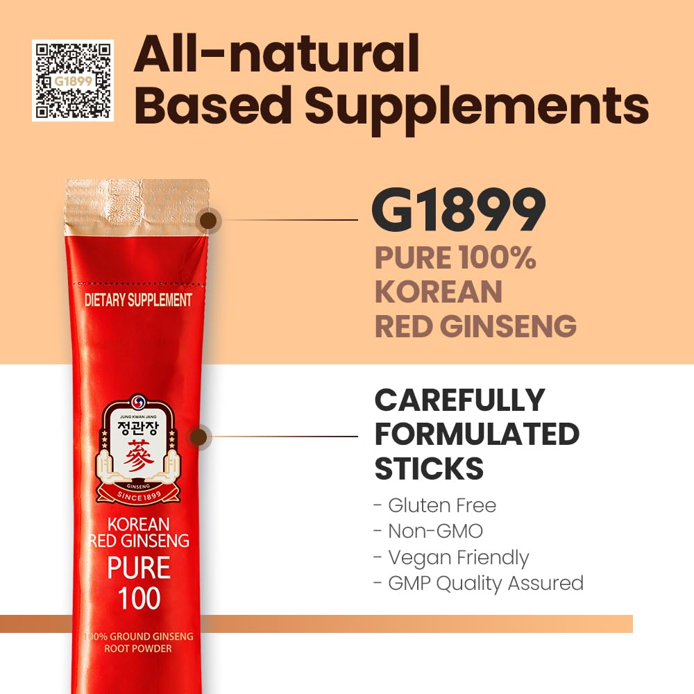JungKwanJang Korean Red Ginseng Pure 100 — 1500mg Powder Stick for Energy & Immune Support | Vegan, Gluten-Free, Non-GMO