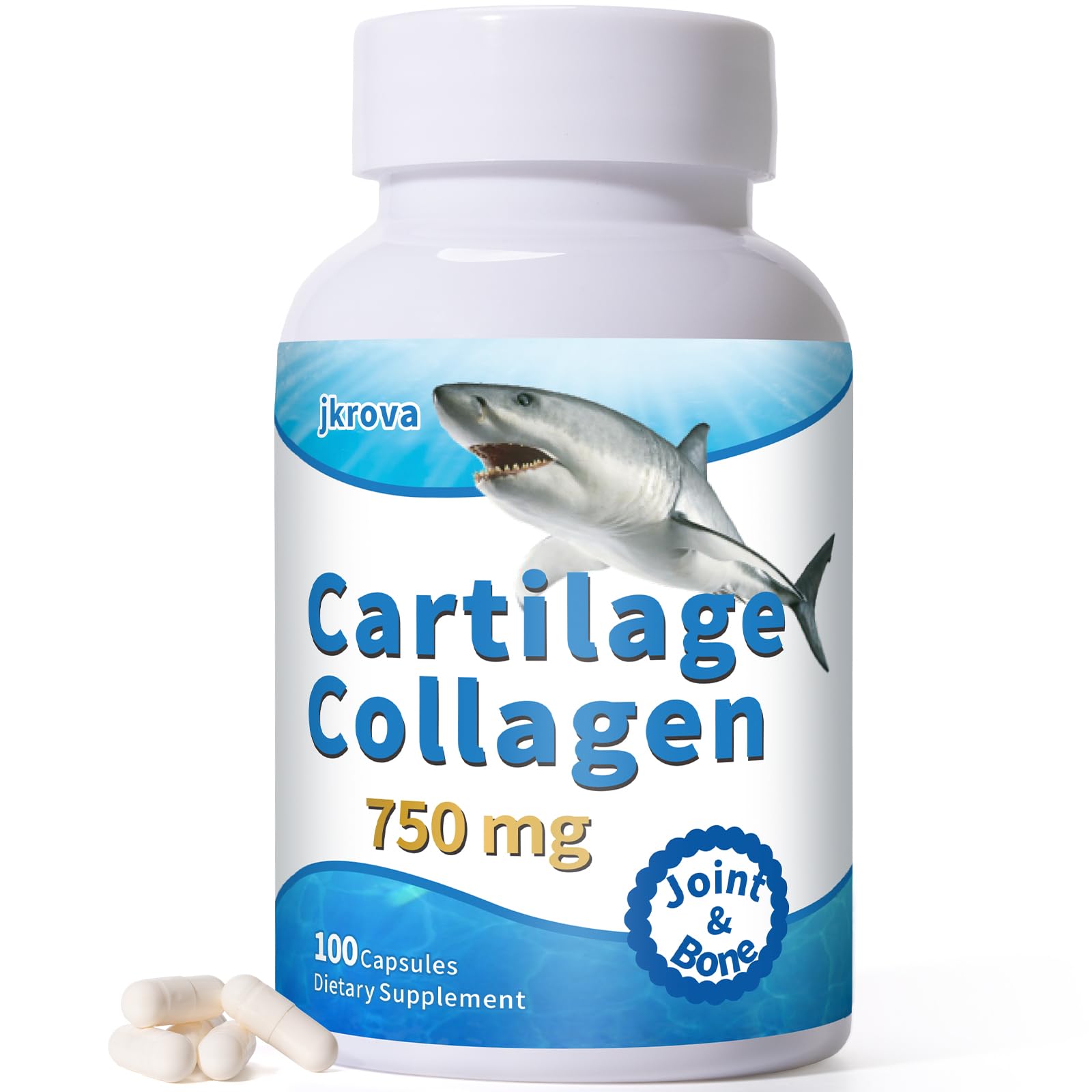 Jkrova Cartilage 750mg - Joint and Bone Support with Glucosamine and Collagen (100 capsules)