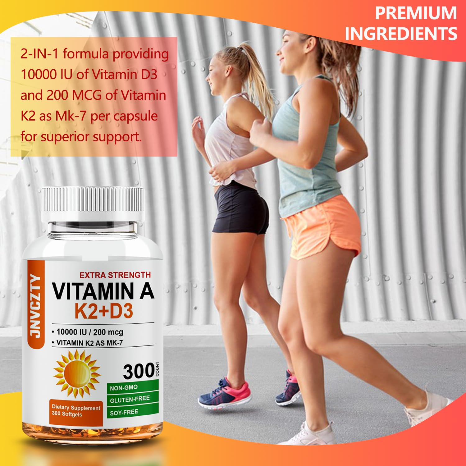 JNVCZTY Vitamin D3 K2 Supplement – 10000 IU D3, MK-7 K2, 300 Softgels