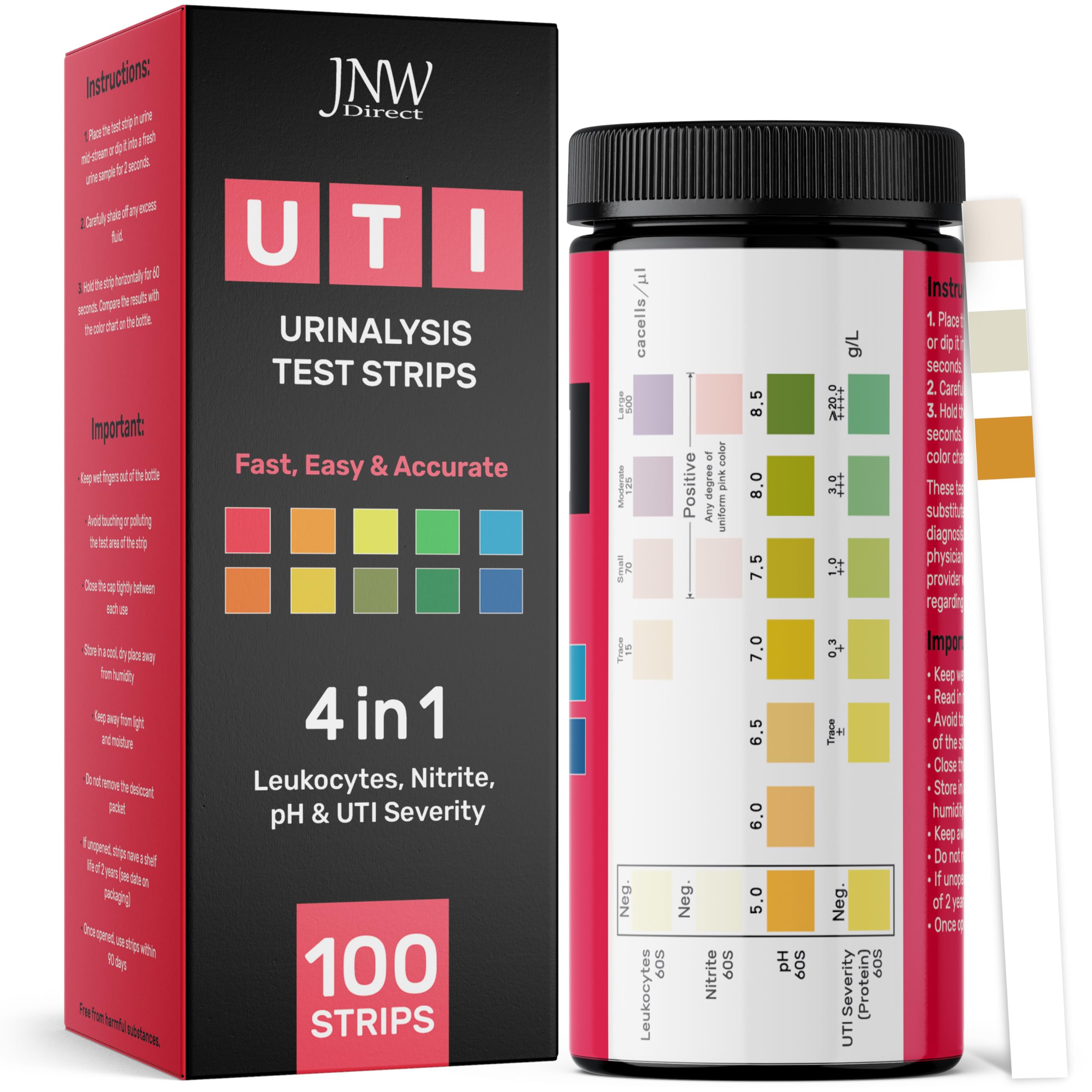 JNW Direct 4-in-1 UTI Test Strips – 100ct | 60-Second Home Urinalysis