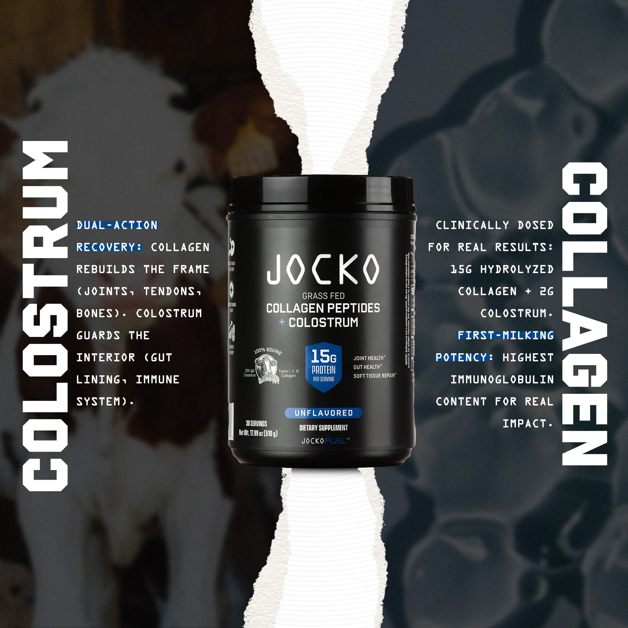 Jocko Fuel Collagen Powder with Colostrum – 15g Collagen + 2g Colostrum | Gut, Joint & Immune Support (30 Servings)