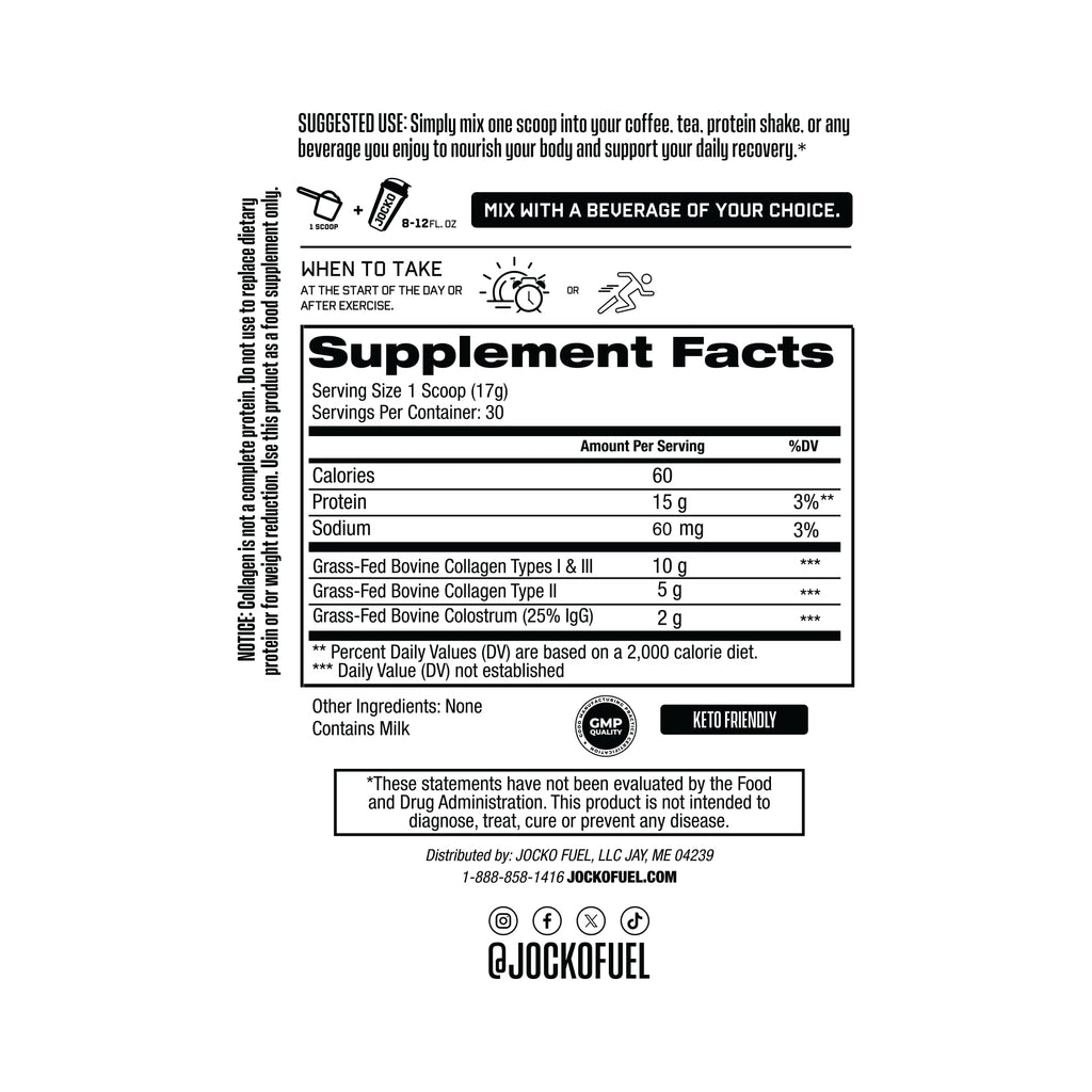 Jocko Fuel Collagen Powder with Colostrum – 15g Collagen + 2g Colostrum | Gut, Joint & Immune Support (30 Servings)