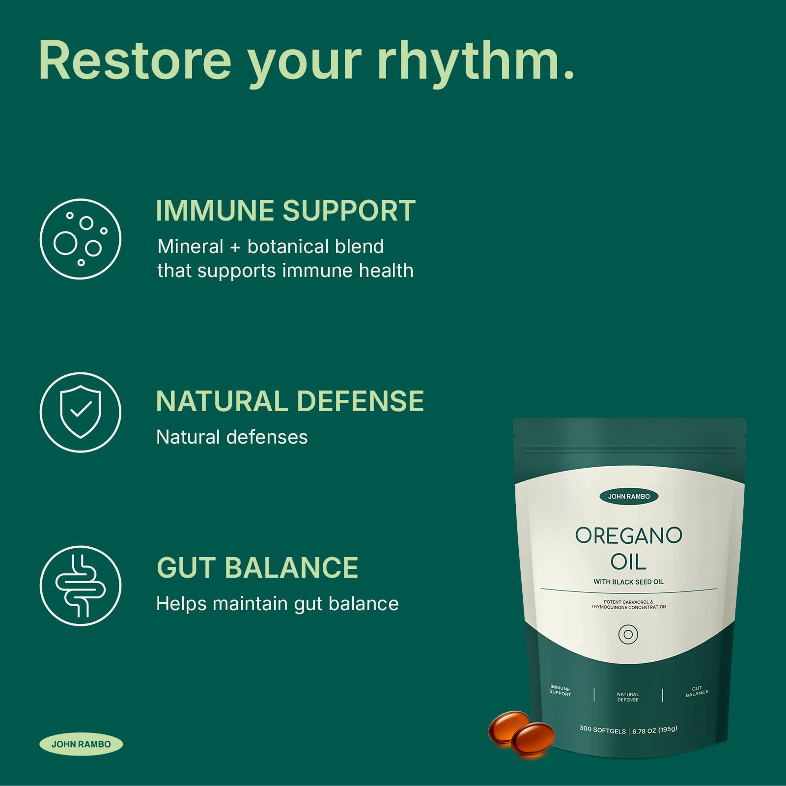 JOHN RAMBO Oil of Oregano with Black Seed Oil, 300 Softgels, 150-Day Supply, 165mg Carvacrol & 200mg Thymoquinone, 4X Strength Oregano Oil Capsules, Immune & Respiratory Support