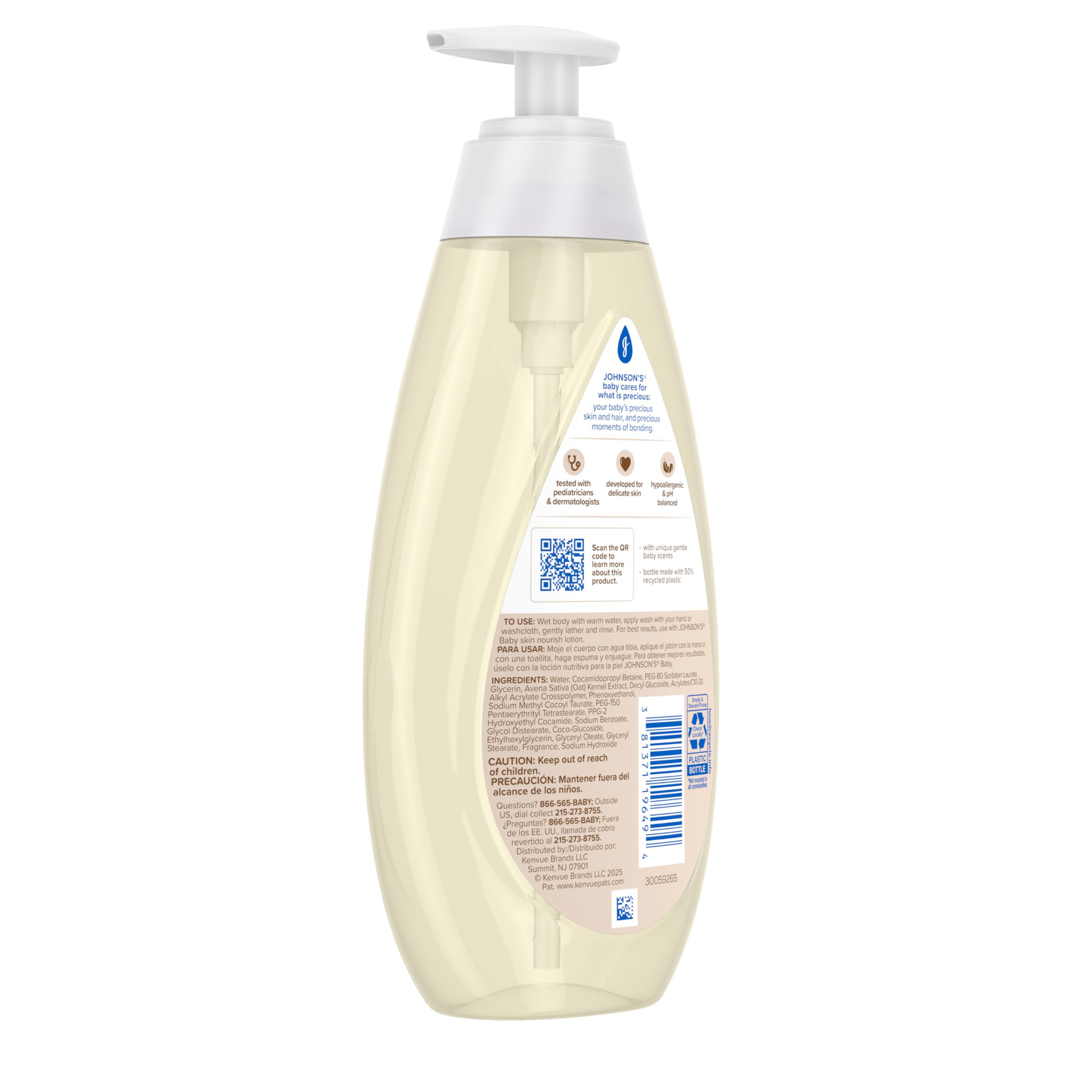 Johnson's Skin Nourishing Moisture Baby Wash – Vanilla & Oat, Tear-Free, Hypoallergenic | 20.3 fl oz