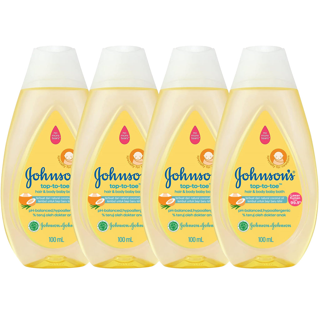 Johnson's Top-to-Toe Baby Wash and Shampoo 4-Pack - 100mL Travel Size, Tear-Free, Paraben/Sulfate/Dye Free