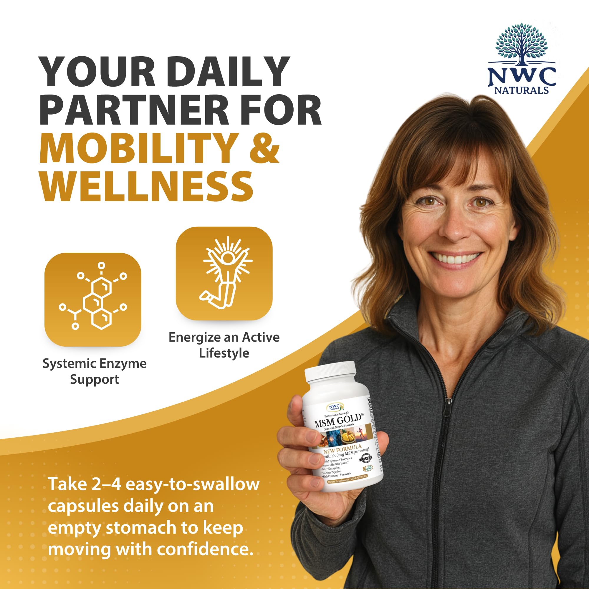 NWC Naturals MSM Gold – Systemic Enzyme + Turmeric, Lycopene & BioPerine for Joint & Muscle Support