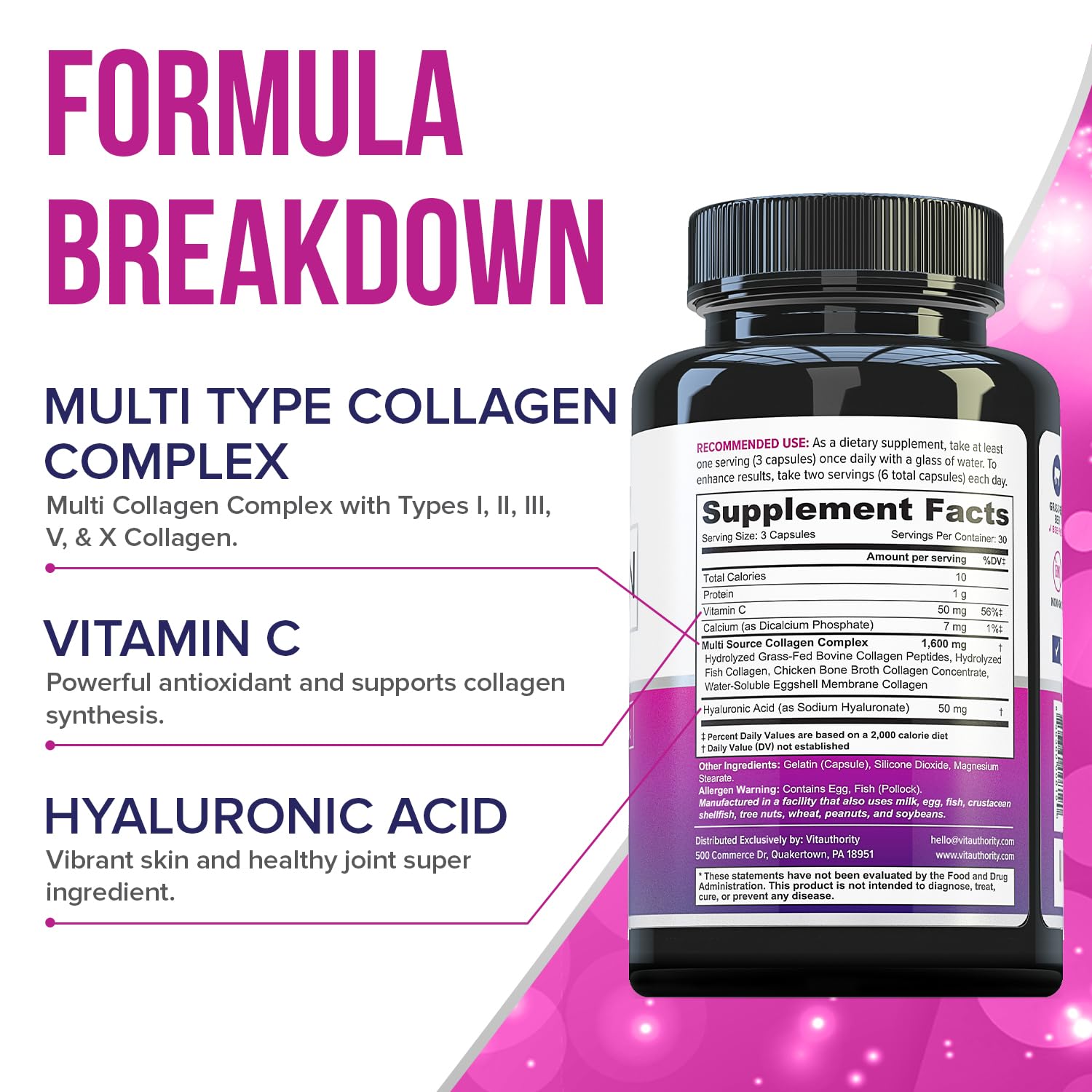 Multi Collagen Peptides for Women – Hydrolyzed Collagen with Vitamin C & Hyaluronic Acid, 30 Servings