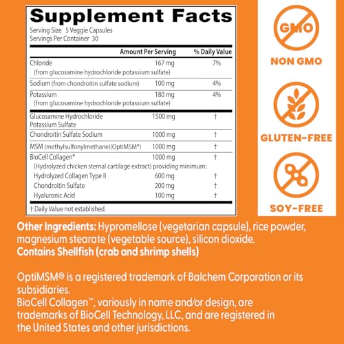 Doctor's Best Glucosamine Chondroitin MSM + Hyaluronic Acid with OptiMSM Featuring Biocell Collagen, 150 Caps | Joint Health & Beauty Support