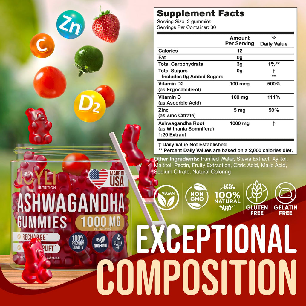 Ashwagandha Gummies for Women & Men - Natural Calm Gummies with Ashwagandha, Vitamin C & Zinc | 60 Vegan Sugar-Free Chews