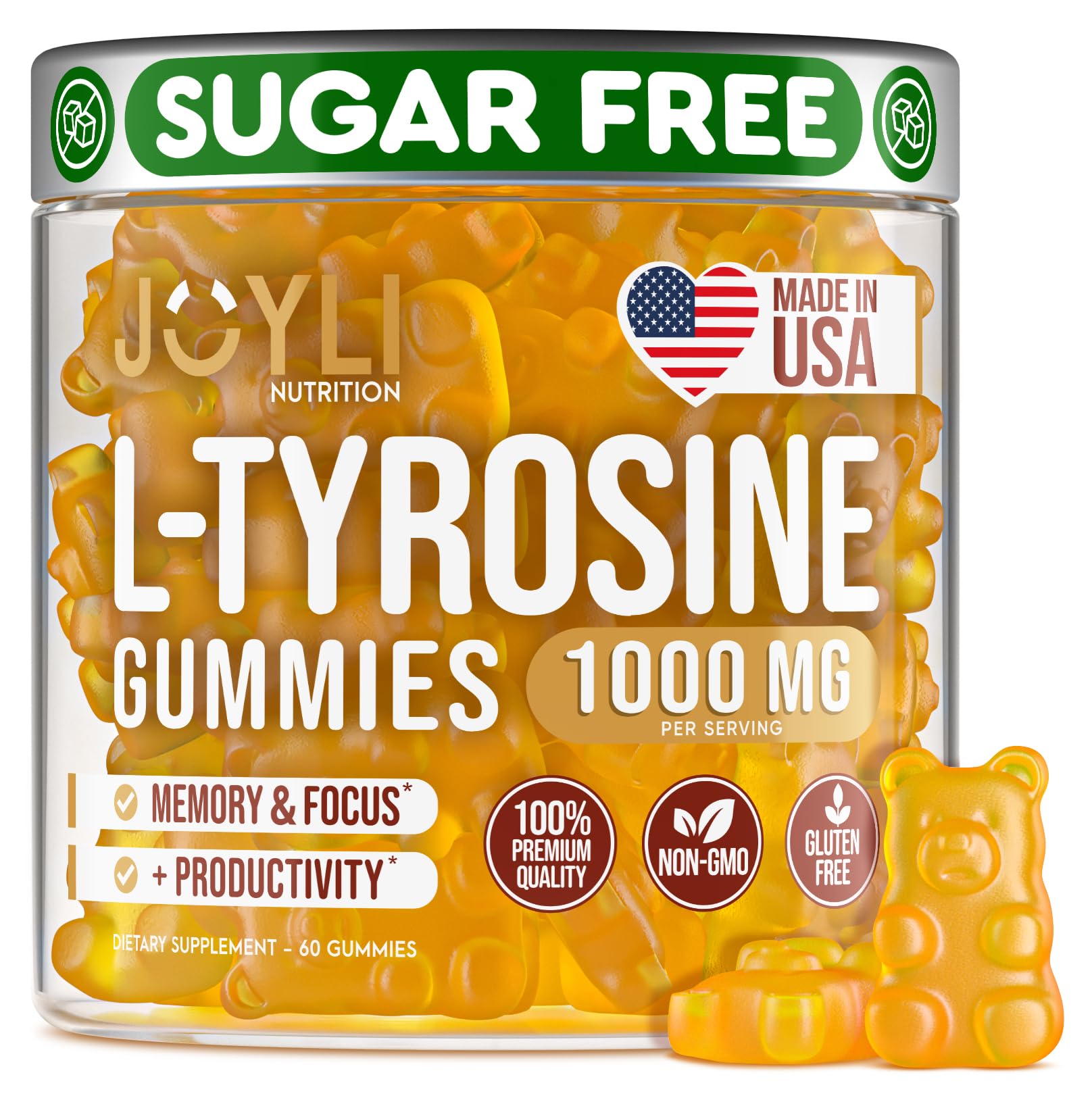 Joyli L Tyrosine Gummies 1000mg - Focus, Mood & Energy | Vegan, Gluten-Free