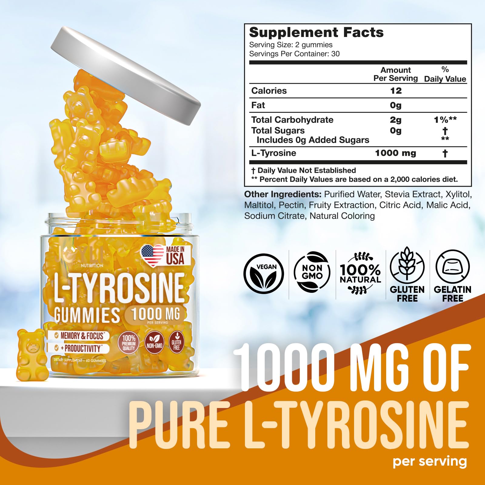 Joyli L Tyrosine Gummies 1000mg - Focus, Mood & Energy | Vegan, Gluten-Free