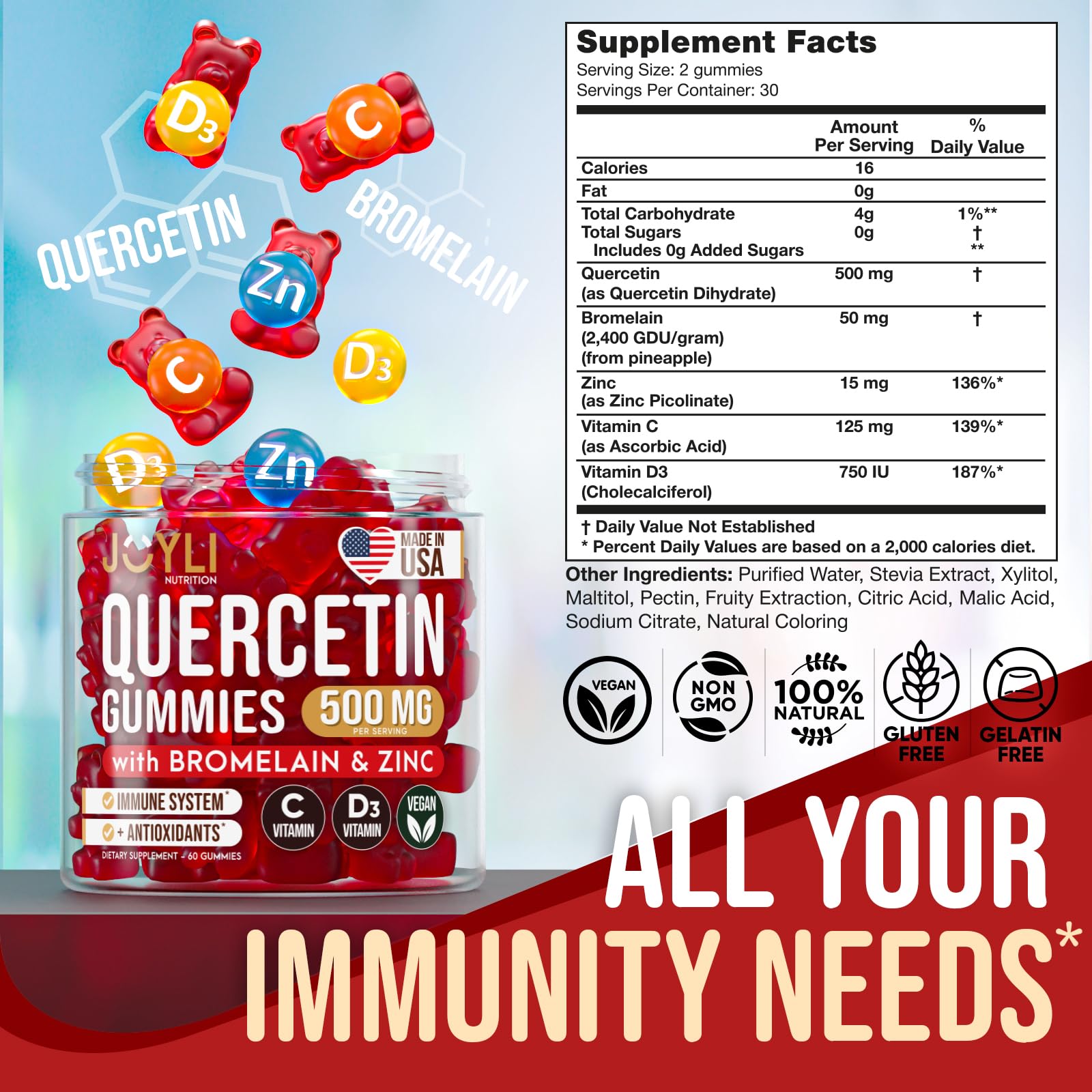 JOYLI Quercetin Gummies 500MG with Bromelain, Zinc, Vitamin C & D3 – Immune Support