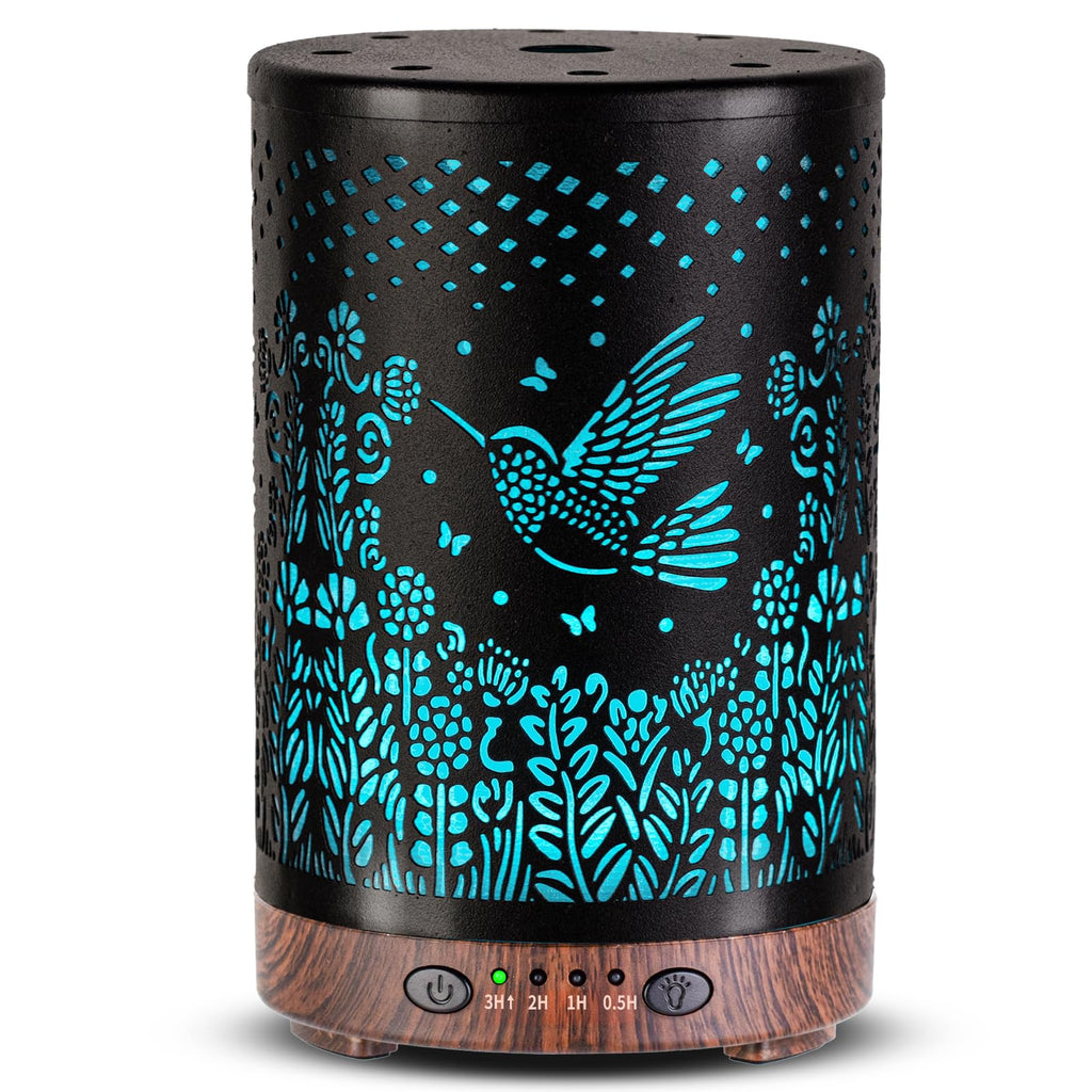 JOYOLO 120ML Metal Essential Oil Diffuser – Auto Shut-Off, 7 Color Lights, Bird Pattern