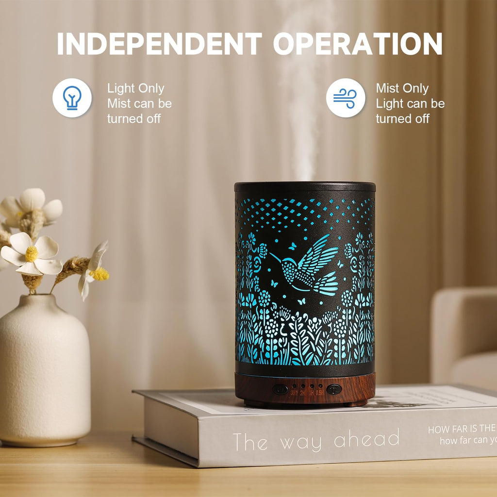 JOYOLO 120ML Metal Essential Oil Diffuser – Auto Shut-Off, 7 Color Lights, Bird Pattern