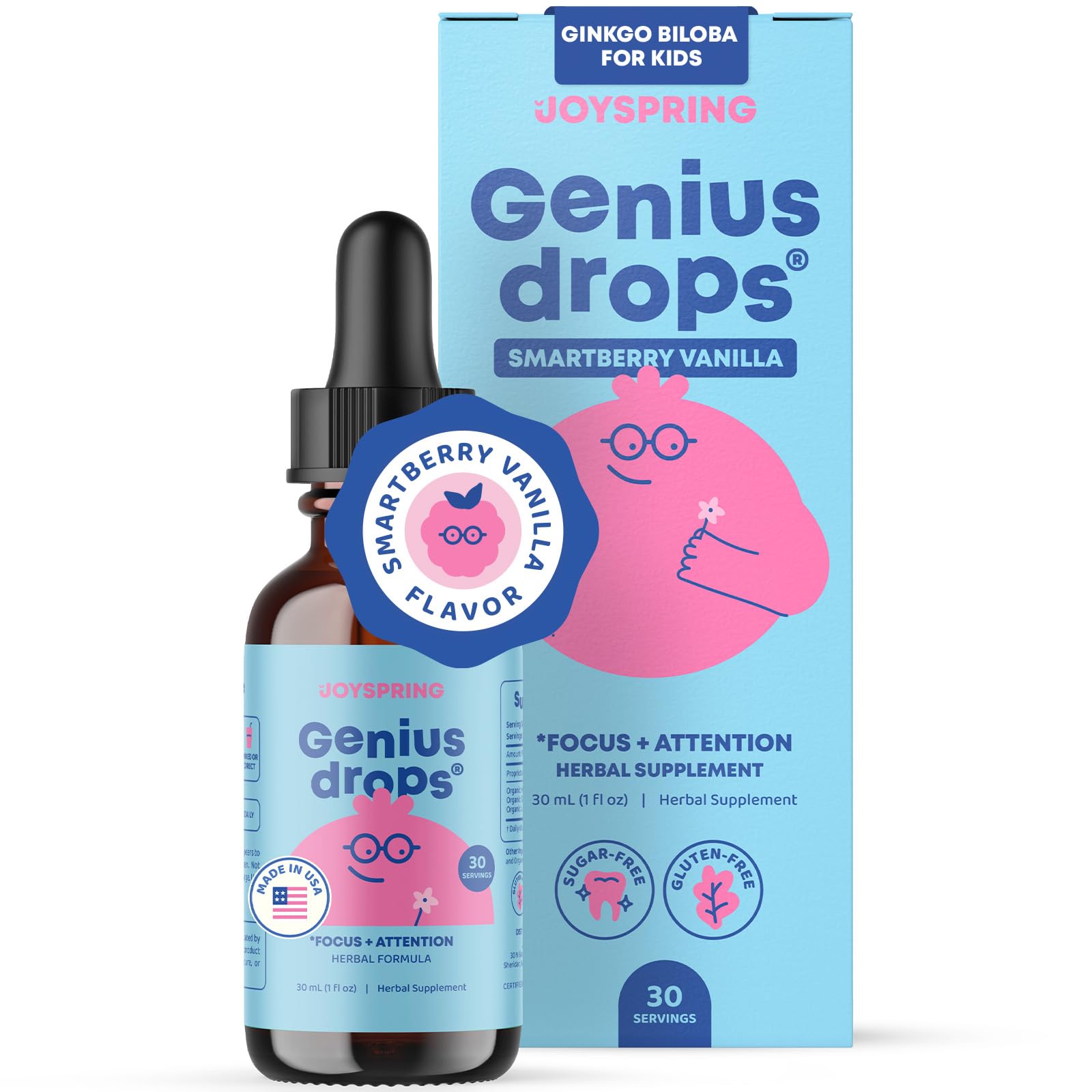 JoySpring Genius Drops Smartberry Vanilla – Kids Focus Liquid 1 fl oz