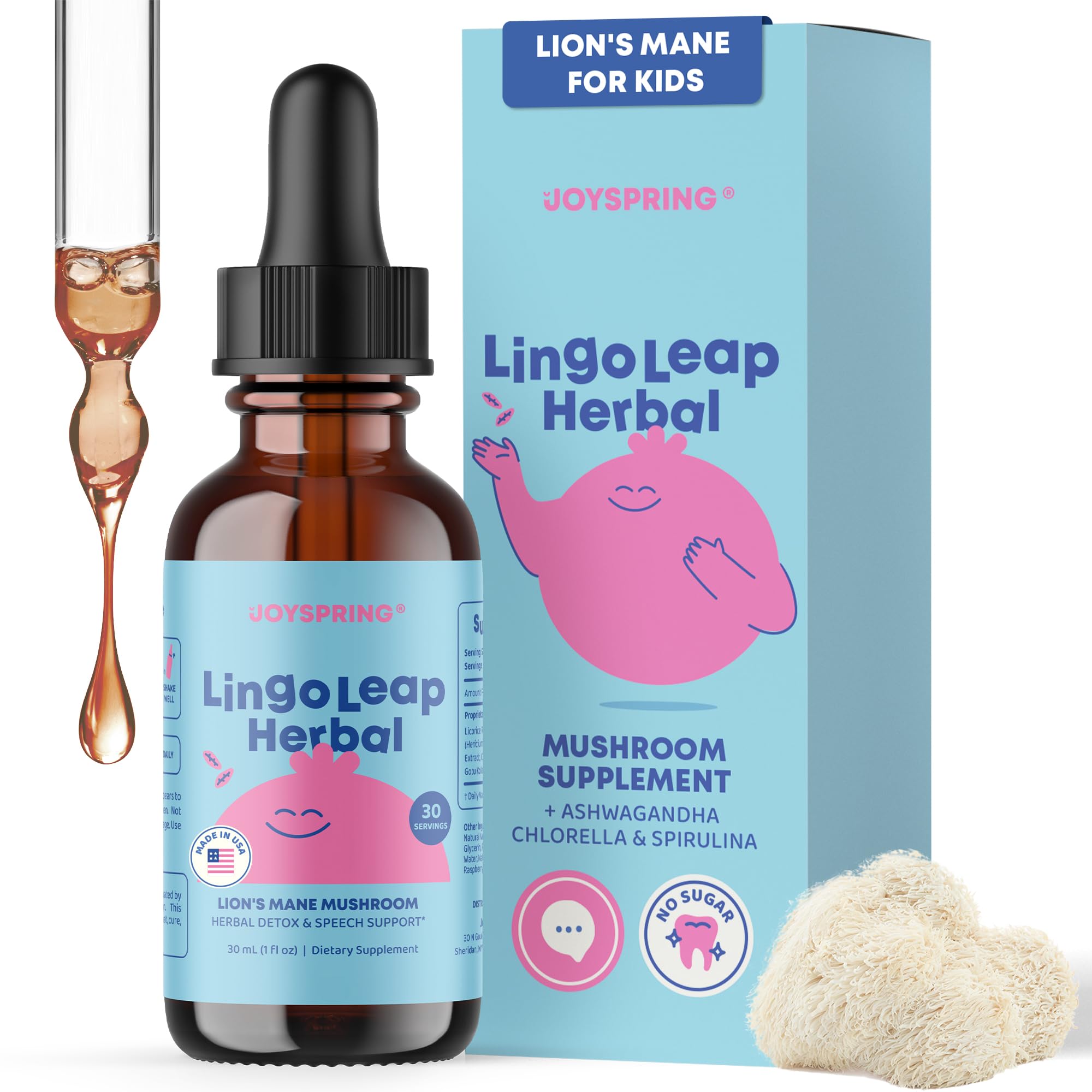 JoySpring Lions Mane for Kids | Speech Delay Supplement for Kids & Toddlers | Lion’s Mane Mushroom, Gotu Kola & Ashwagandha for Speech Therapy & Cognitive Support – Easy-Take Liquid | LingoLeap Herbal