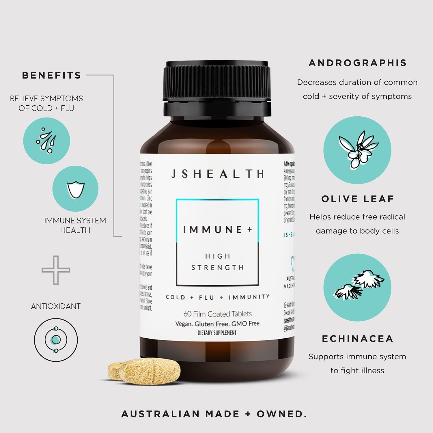JSHealth Vitamins Immune + Immunity Booster Supplement with Zinc, Vitamin C, Echinacea and Olive Leaf – 60 Tablets