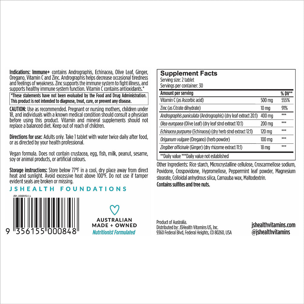 JSHealth Vitamins Immune + Immunity Booster Supplement with Zinc, Vitamin C, Echinacea and Olive Leaf – 60 Tablets