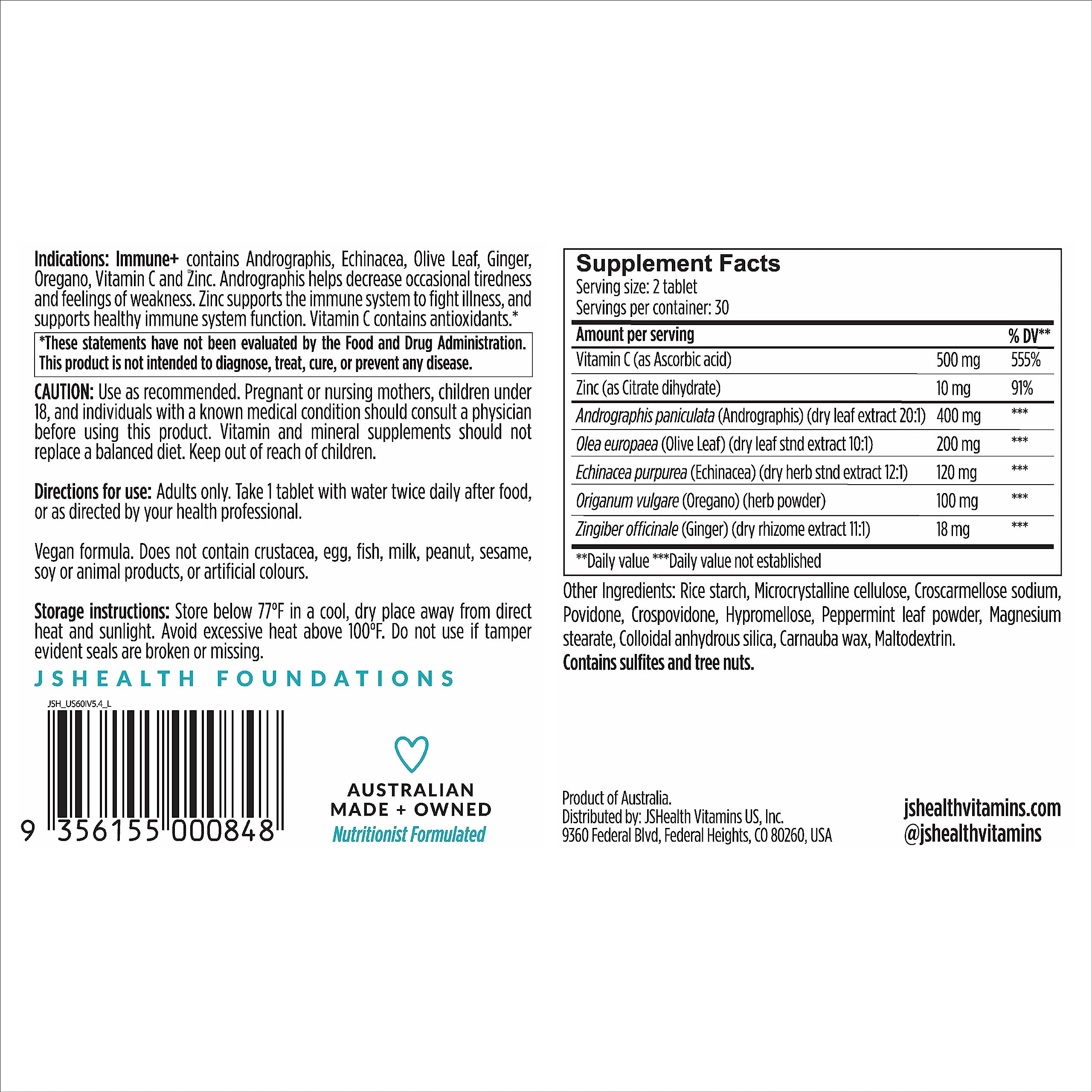 JSHealth Vitamins Immune + Immunity Booster Supplement with Zinc, Vitamin C, Echinacea and Olive Leaf – 60 Tablets
