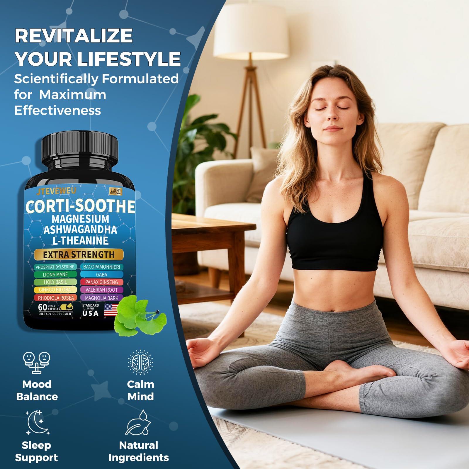 JTEVEweu Corti-Soothe Cortisol Support - Magnesium Glycinate 200mg, L-Theanine 150mg, Phosphatidylserine 50mg, Lion's Mane, Ginkgo Biloba, Bacopa, Valerian | 60 Capsules