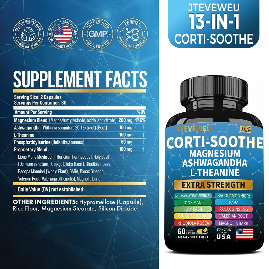 JTEVEweu Corti-Soothe Cortisol Support - Magnesium Glycinate 200mg, L-Theanine 150mg, Phosphatidylserine 50mg, Lion's Mane, Ginkgo Biloba, Bacopa, Valerian | 60 Capsules