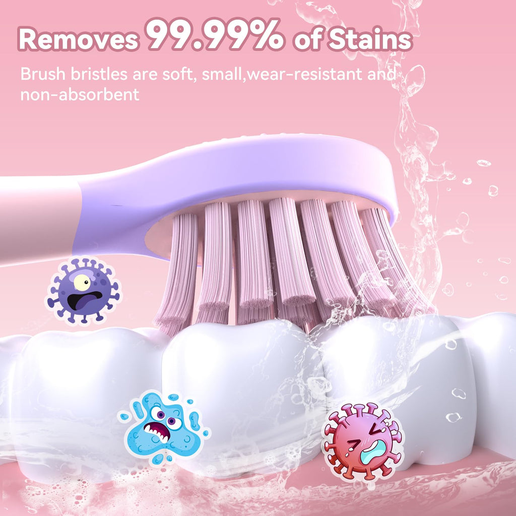 JTF Kids Electric Toothbrush Pink – Sonic Toothbrush for Girls, 5 Modes, IPX7, 2-Min Timer, DIY Sticker Set