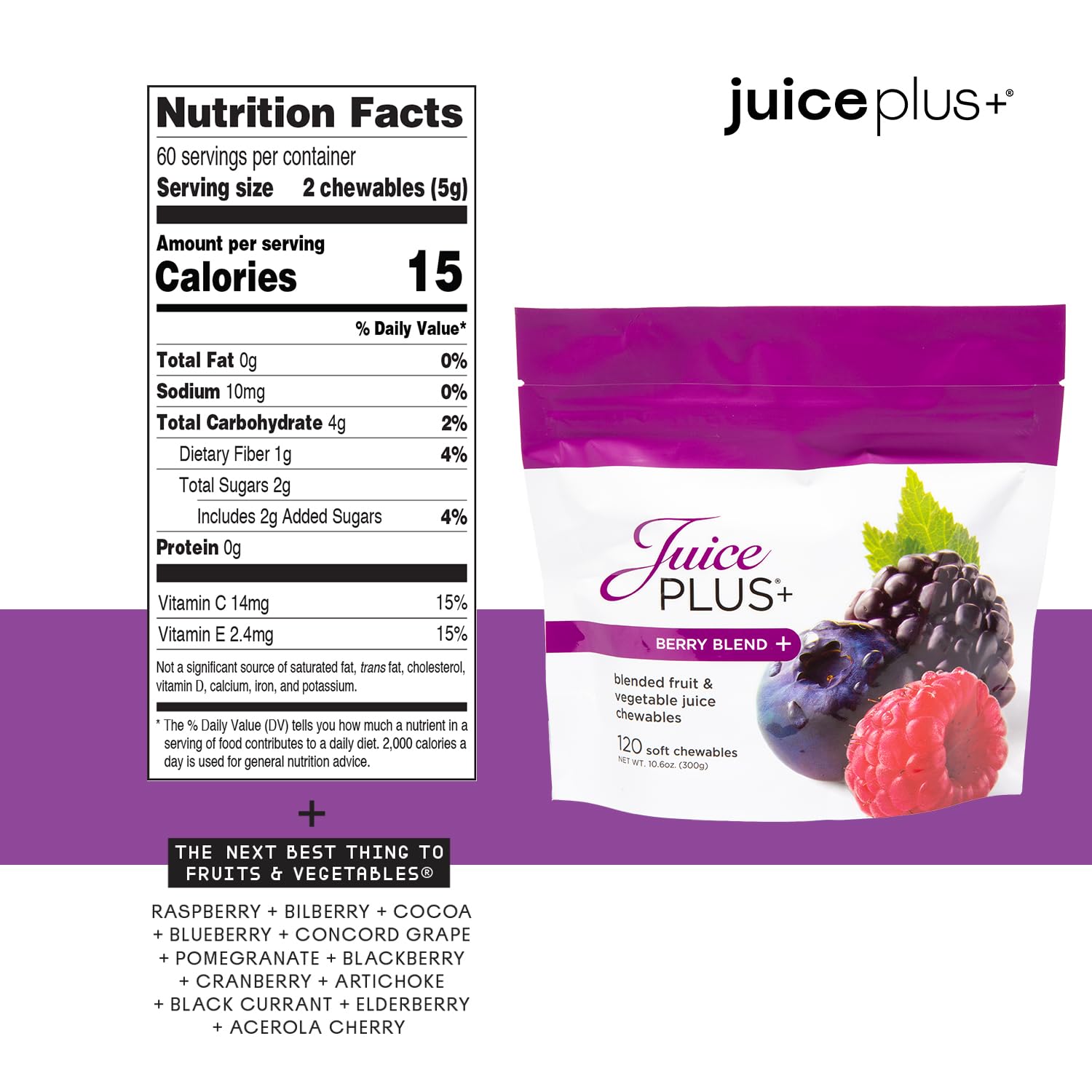 Juice Plus+ Berry Blend Soft Chews – Daily Nutrition from 12 Plants for Adults & Kids (1 Month, 30 Chews)