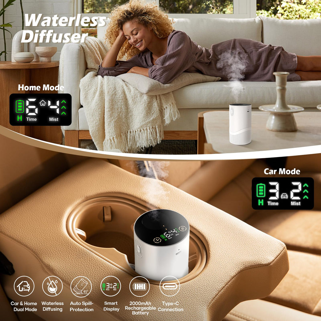 JUJSEN Waterless Diffuser — Battery-Powered Nebulizing Essential Oil Diffuser for Home & Car | 4 Mist Levels, 6H Timers, Auto-Off