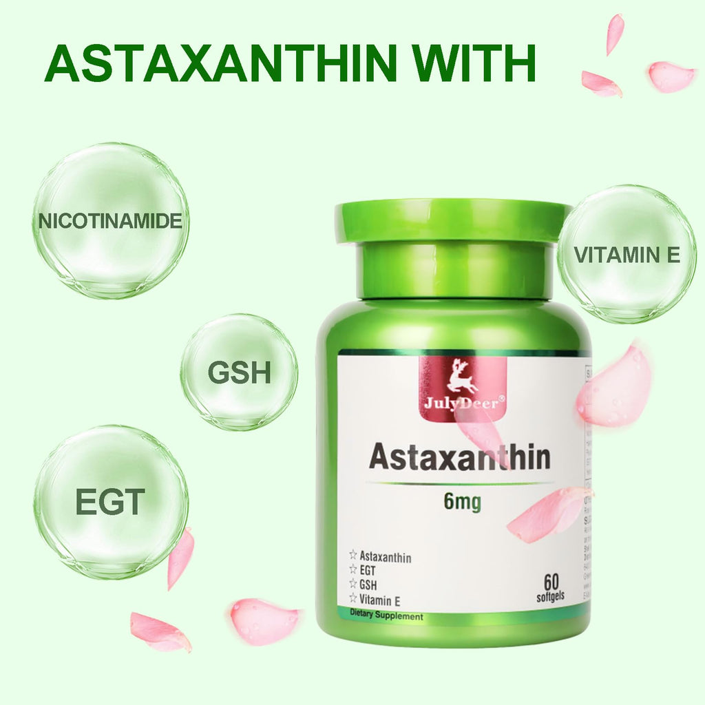 JulyDeer 2 Bottles Astaxanthin 6 mg with Nicotinamide Vitamin E Premium Antioxidant Supplement EGT GSH - for Skin, Eye, Joint & Immune System Health Cell Health & Energy丨5 in 1-120 Softgels