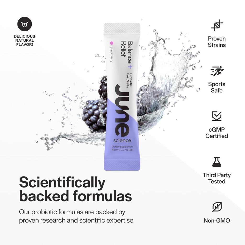 June Science Balance + Relief – Fast Melt Probiotic for Mood & Stress, Blackberry, 30 Sachets