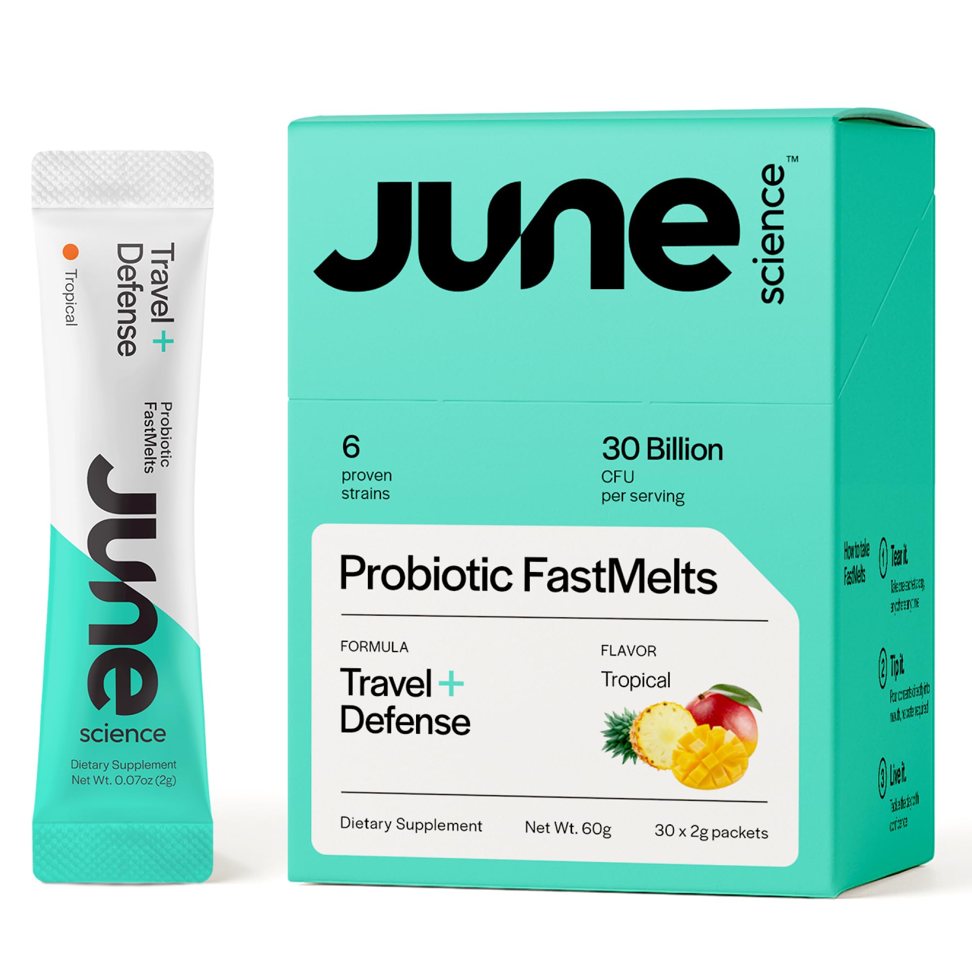 June Science Travel + Defense | Fast Melt Probiotic for Immune Health While Traveling - Tropical Flavor, 30 Sachets