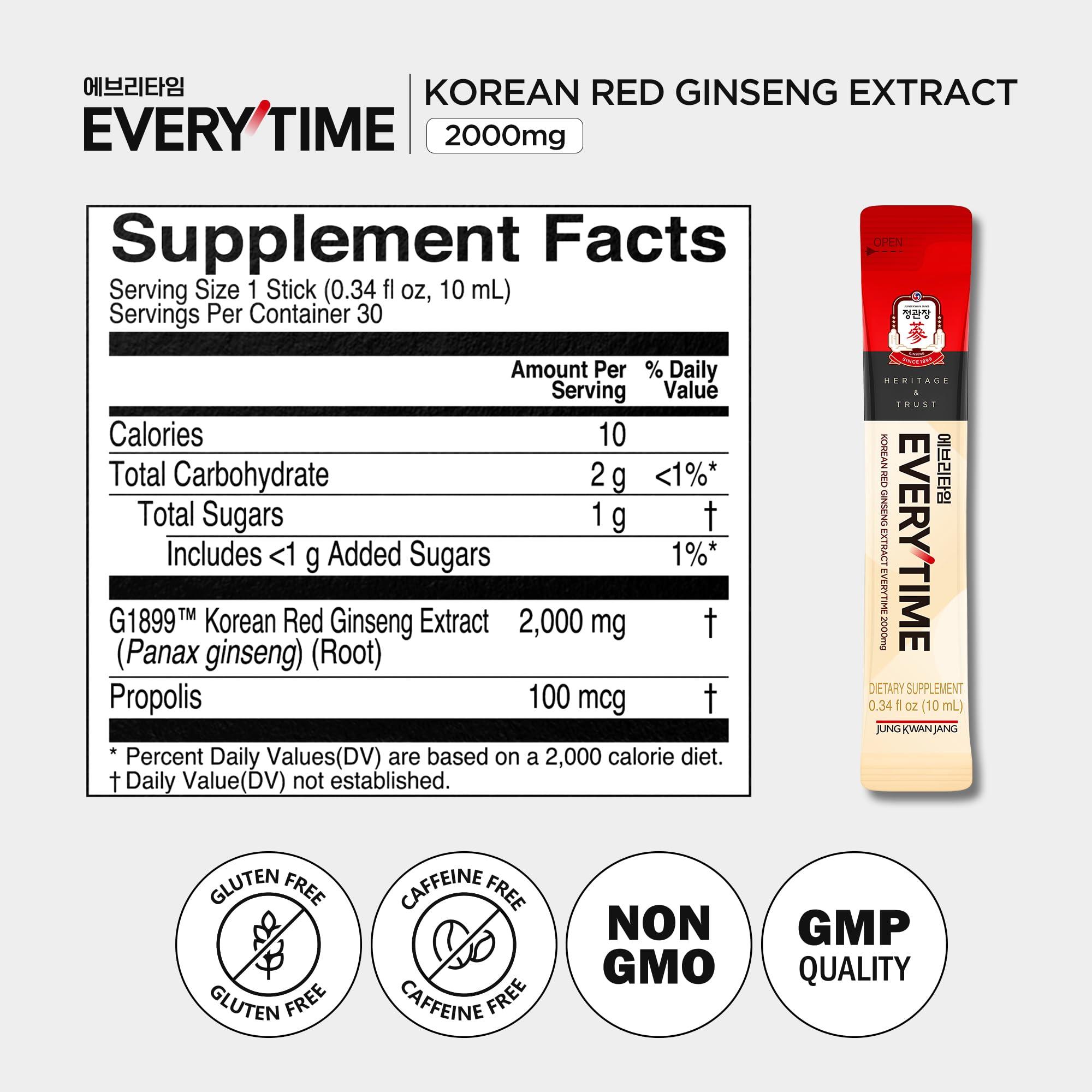 JUNG KWAN JANG Everytime Red Ginseng Stick 2000mg – Adaptogen Energy, Propolis, Caffeine Free