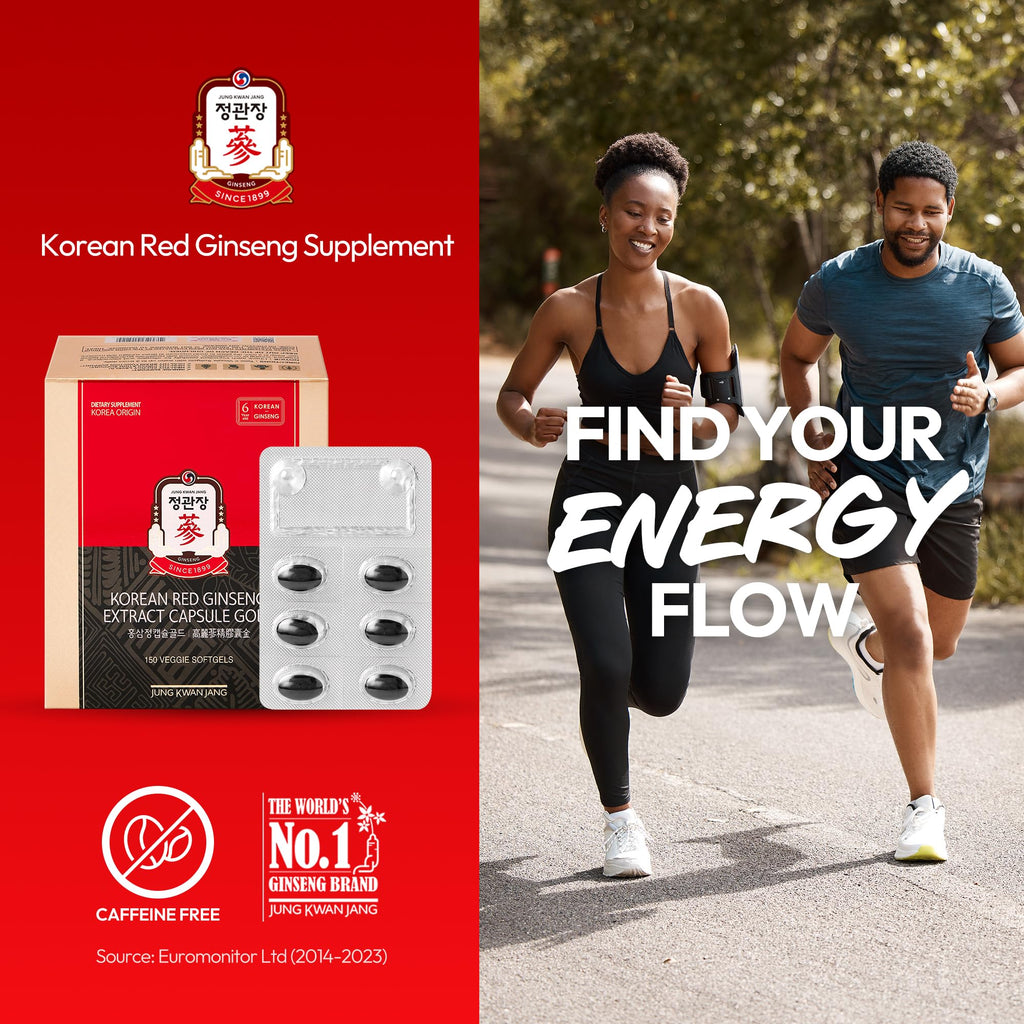 Jung Kwan Jang Korean Red Ginseng Extract Capsule Gold — Vegan Energy & Immune Support, Caffeine Free (600mg, 150 Capsules)