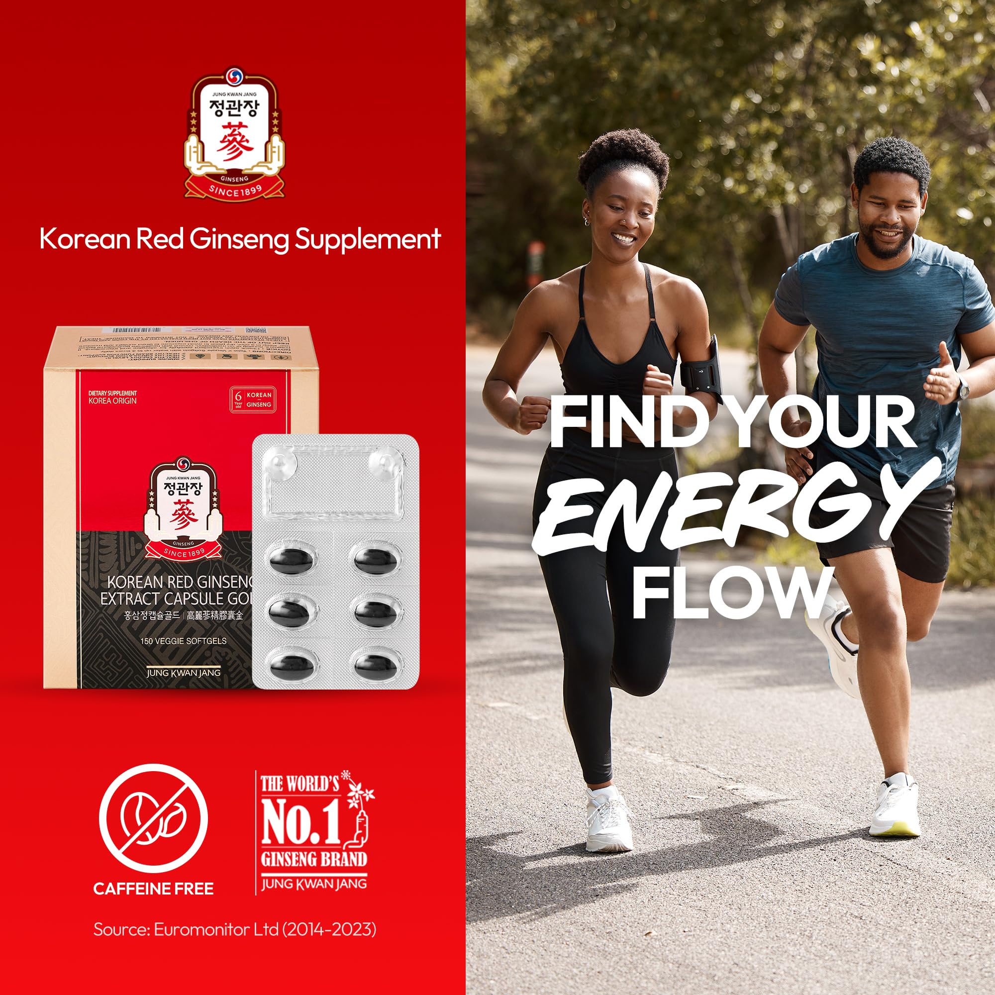 Jung Kwan Jang Korean Red Ginseng Extract Capsule Gold — Vegan Energy & Immune Support, Caffeine Free (600mg, 150 Capsules)