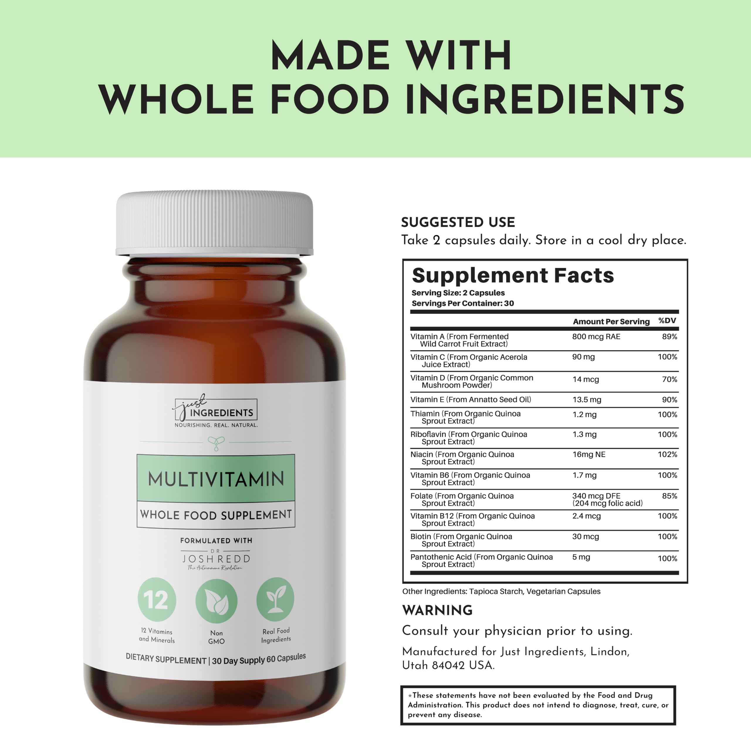 JUST INGREDIENTS Multivitamin – Plant-Based, Vegetarian – 60 Capsules