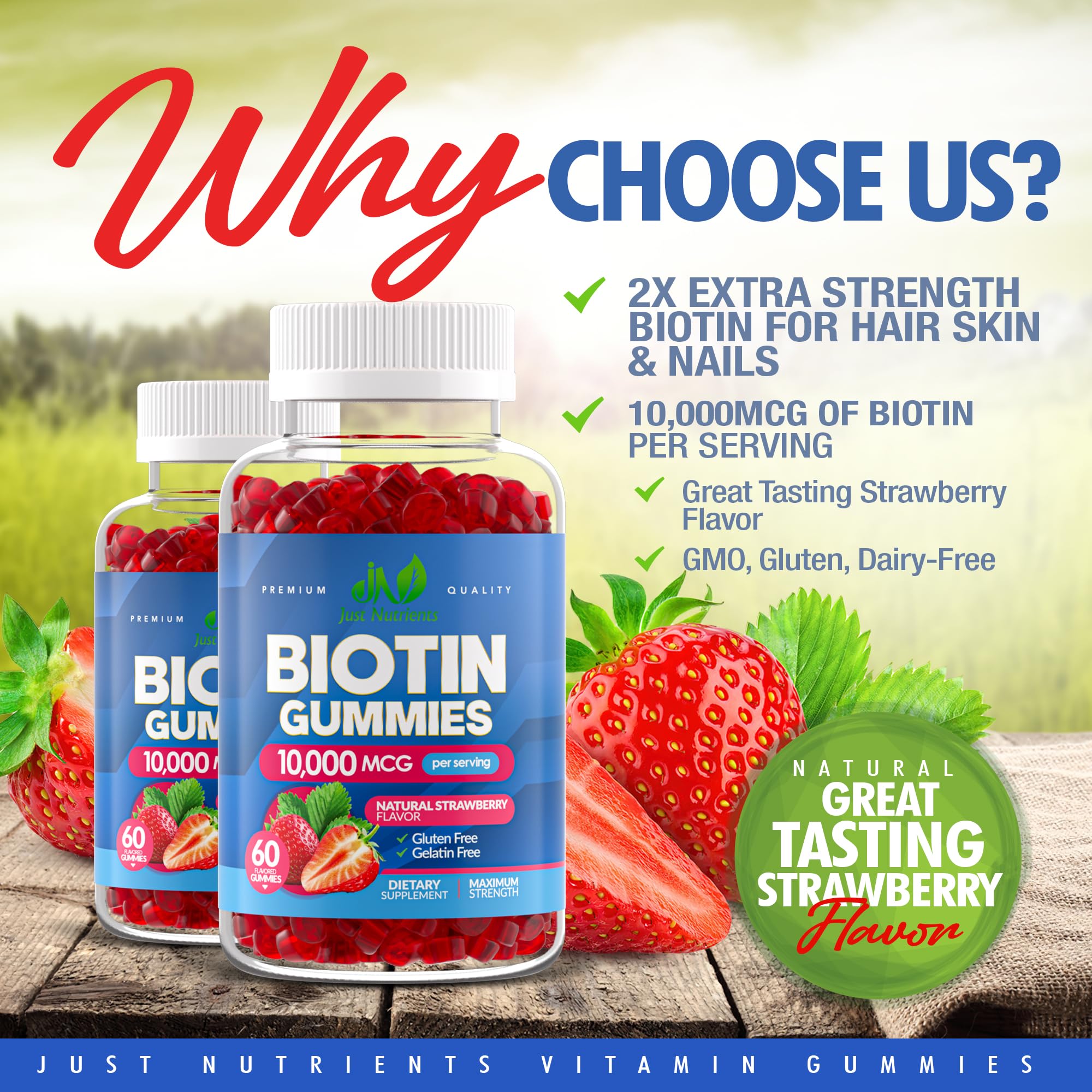 Just Nutrients Biotin 10,000mcg Gummies – Hair, Skin & Nails (60 Gummies) – Vegan & Gluten-Free