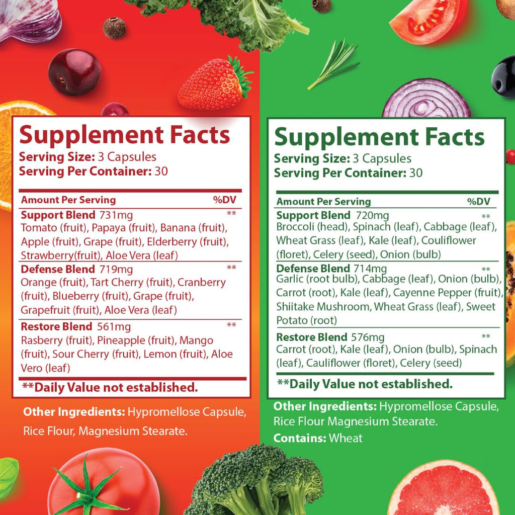 Just Ripe Nutrition Fruits & Veggies Supplement - 2 Pack (90 Fruit + 90 Vegetable Capsules) | Whole Food Superfood