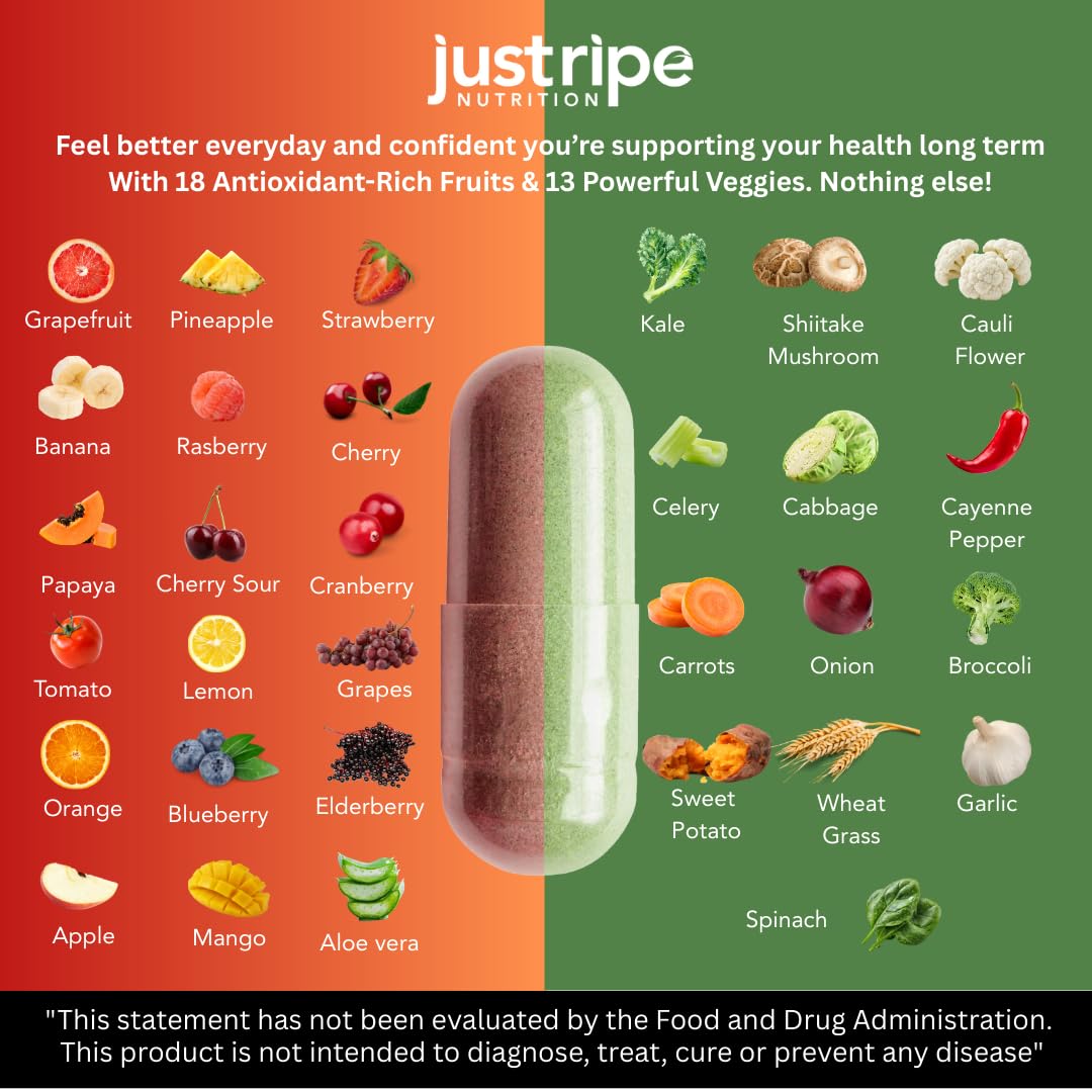 Just Ripe Nutrition Fruits & Veggies Supplement - 2 Pack (90 Fruit + 90 Vegetable Capsules) | Whole Food Superfood