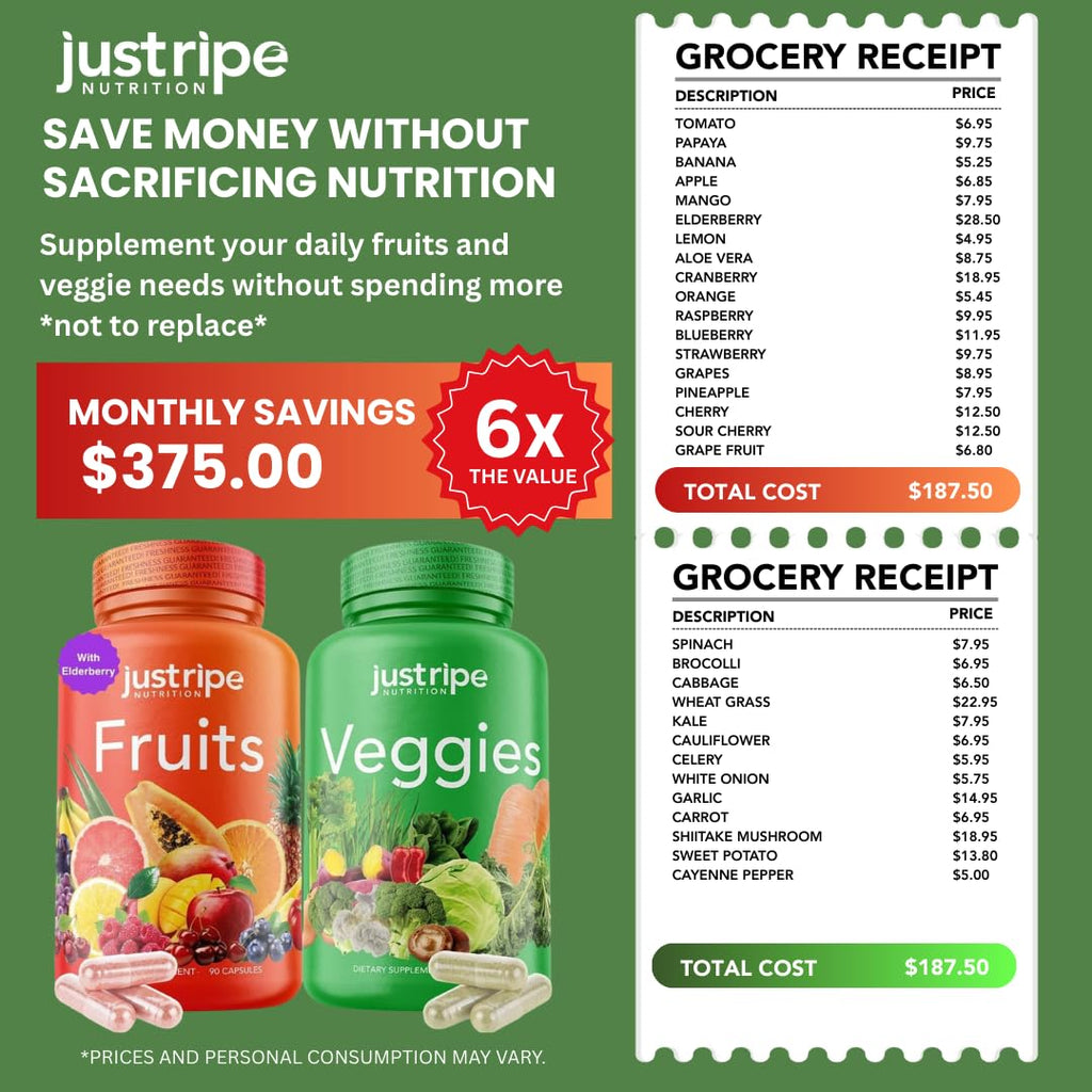 Just Ripe Nutrition Fruits & Veggies Supplement - 2 Pack (90 Fruit + 90 Vegetable Capsules) | Whole Food Superfood