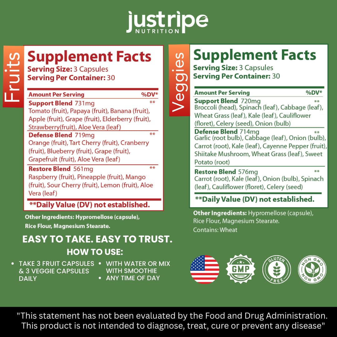 Just Ripe Nutrition Fruits & Veggies Supplement - 2 Pack (90 Fruit + 90 Vegetable Capsules) | Whole Food Superfood