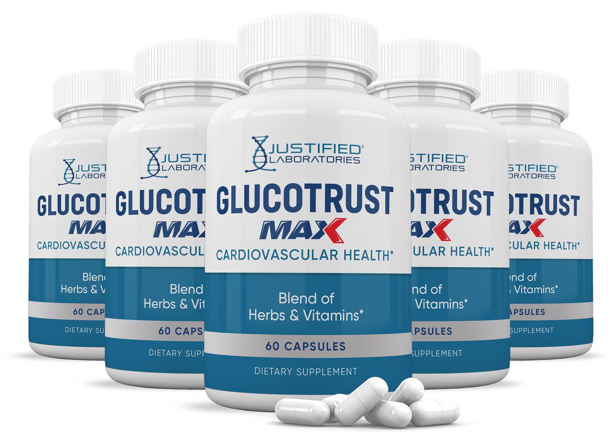 Justified Laboratories 5 Pack Glucotrust Max 1295MG Formula - 300 Capsules