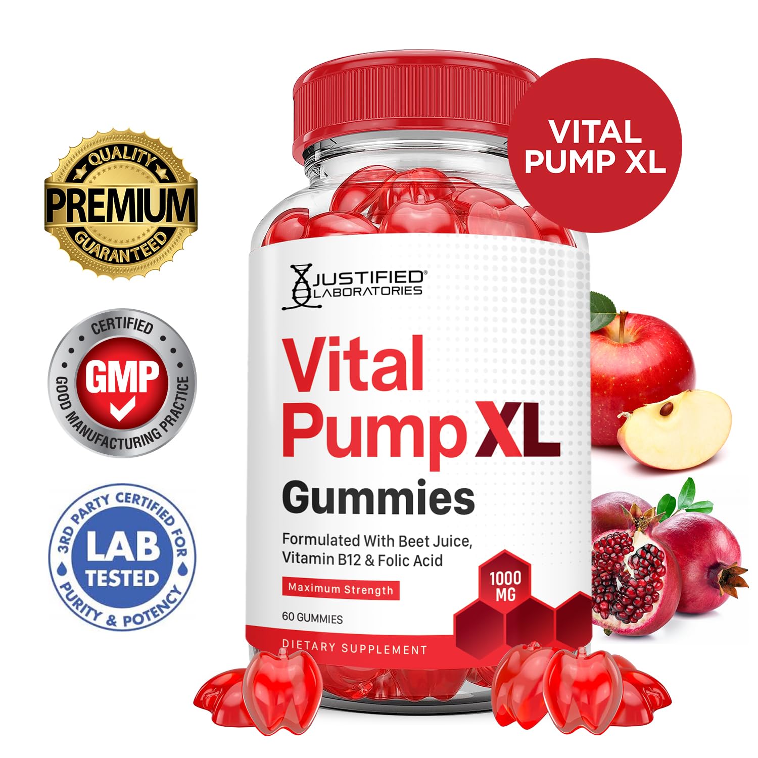 Justified Laboratories Vital Pump XL Gummies (3 Pack) – 1000mg ACV Beet & Pomegranate | Vegan, Non-GMO
