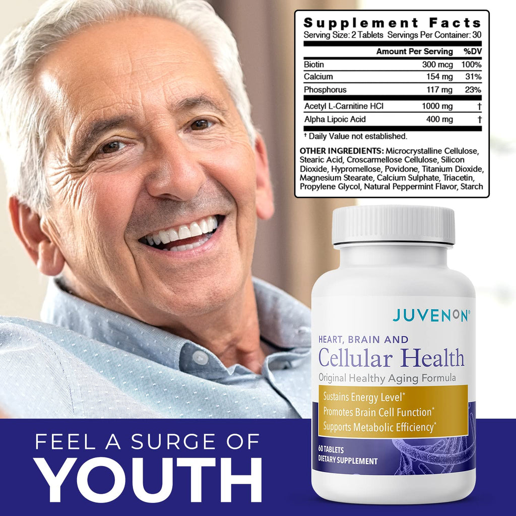 Juvenon Cellular Health – Brain & Heart Supplement with Acetyl L-Carnitine & Biotin (60 Tablets)