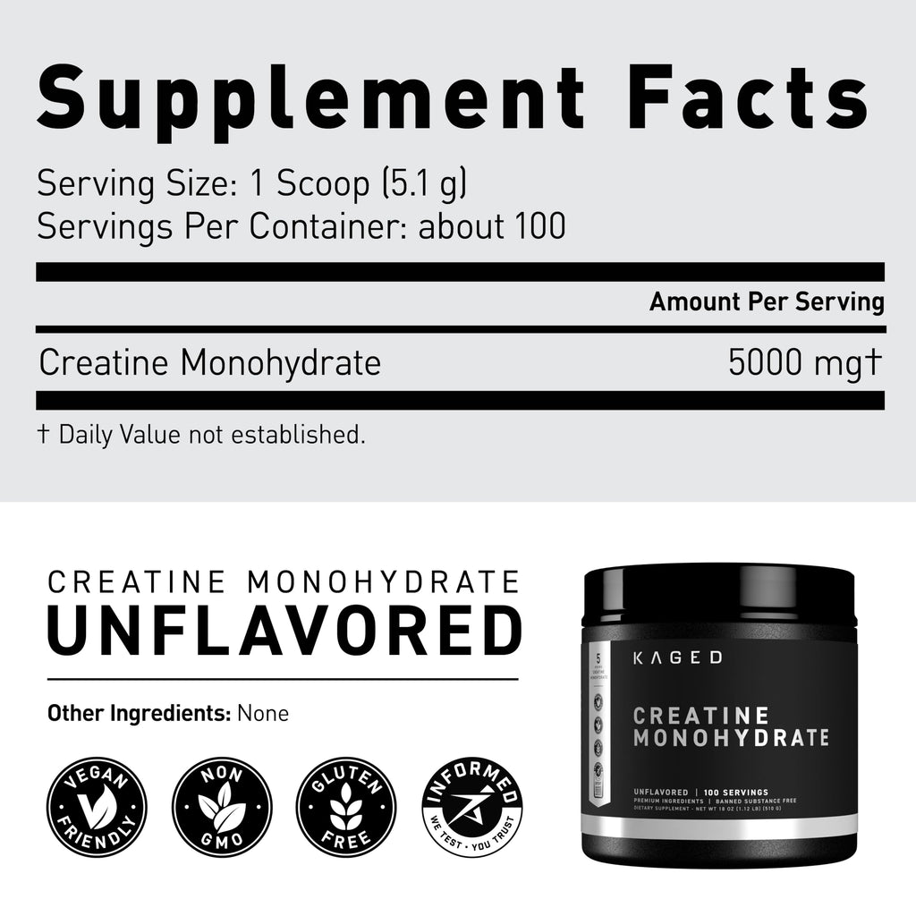 Kaged Creatine Monohydrate Micronized Powder Unflavored – 100 Servings | 5,000 mg per Serving