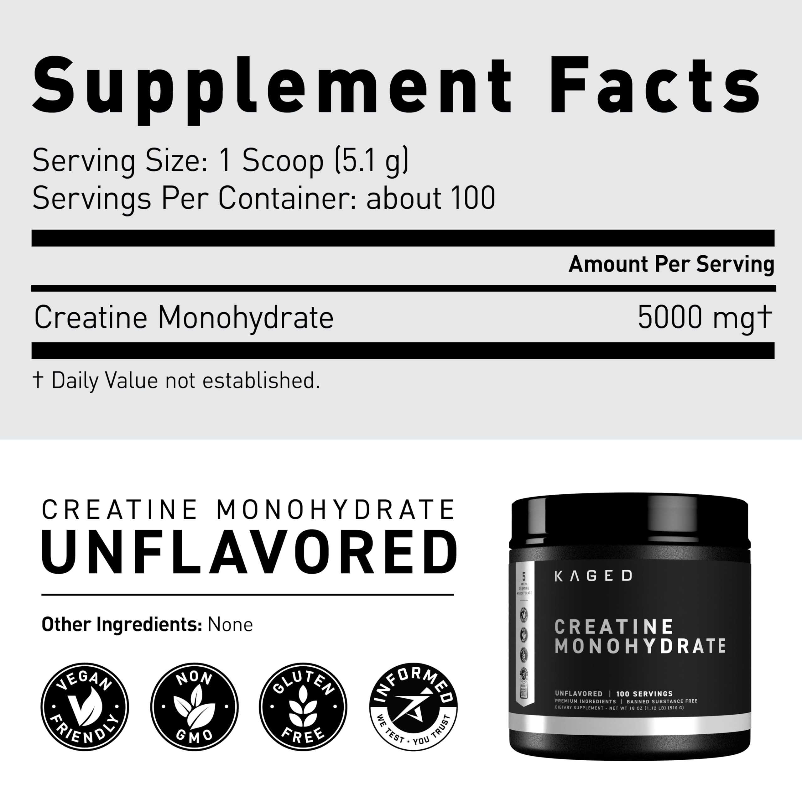 Kaged Creatine Monohydrate Micronized Powder Unflavored – 100 Servings | 5,000 mg per Serving
