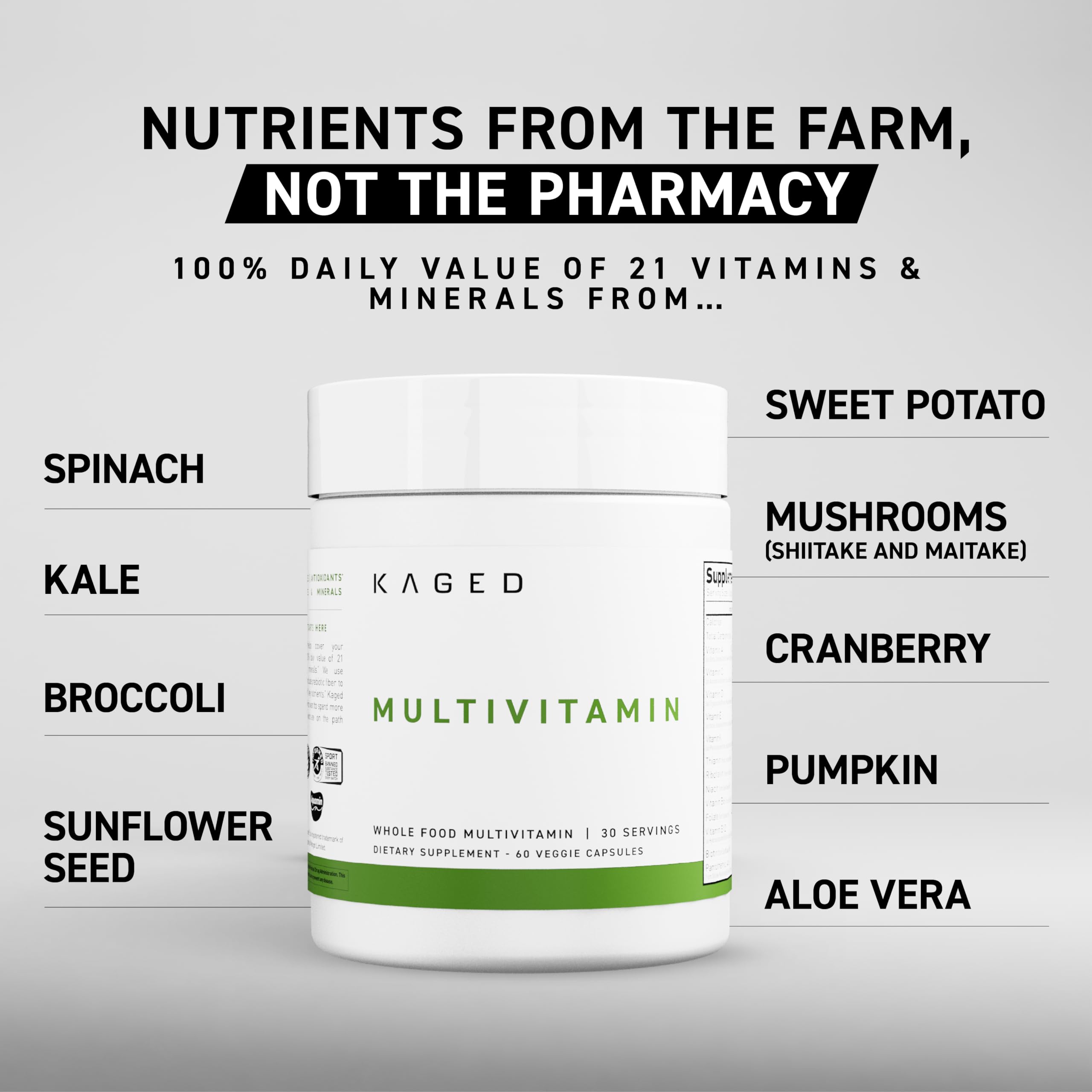 Kaged Multivitamin Capsules – Plant-Based, Organic Fruits & Veggies | 30 Servings