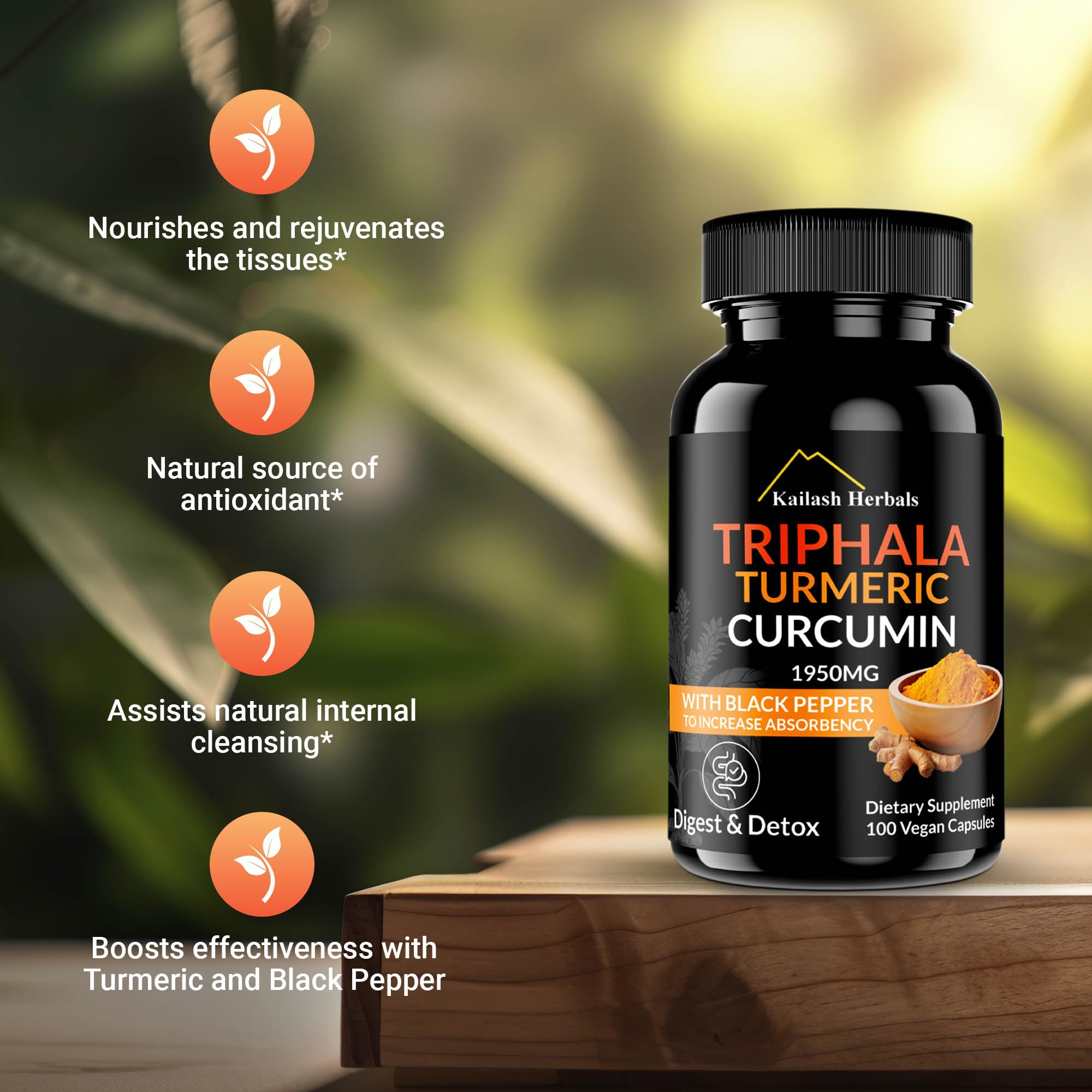 Kailash Herbals Triphala Turmeric Curcumin 1950mg – 100 Vegan Capsules | Digestive Health