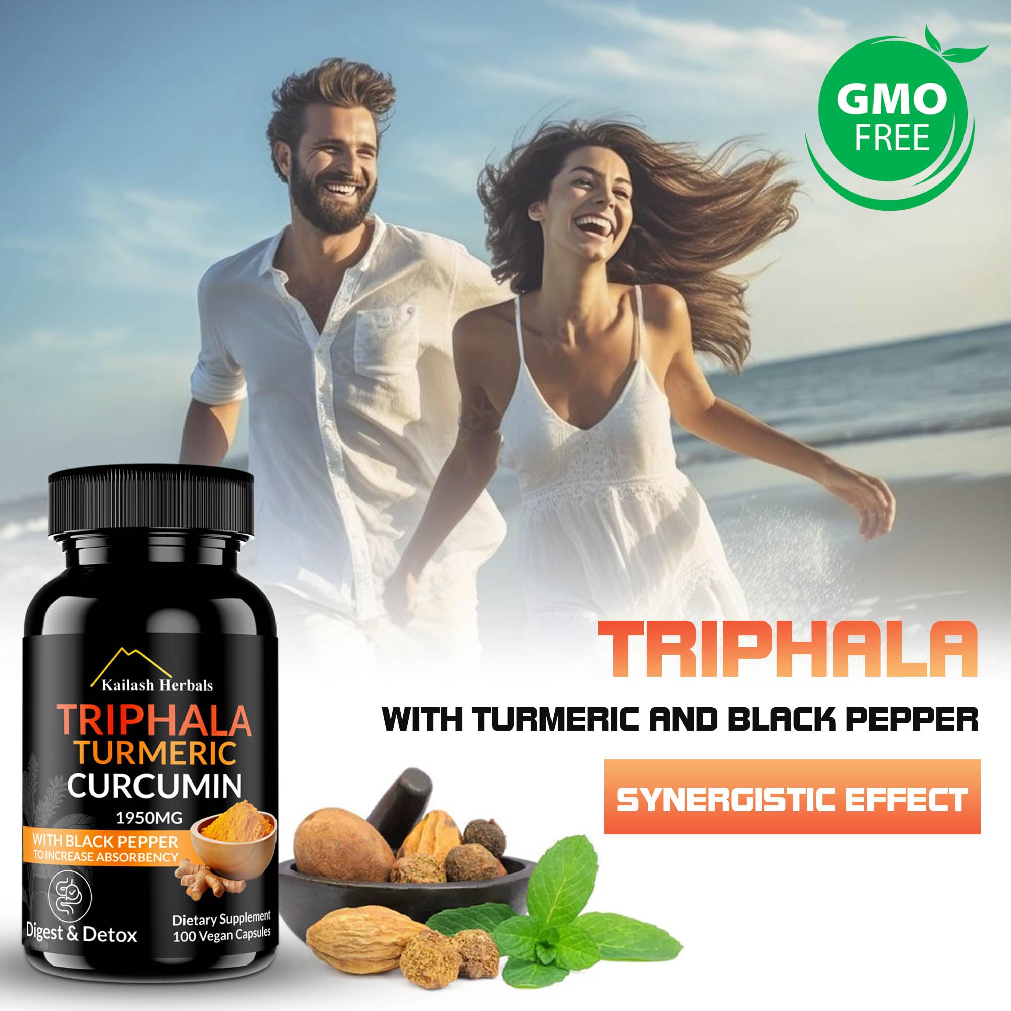 Kailash Herbals Triphala Turmeric Curcumin 1950mg – 100 Vegan Capsules | Digestive Health